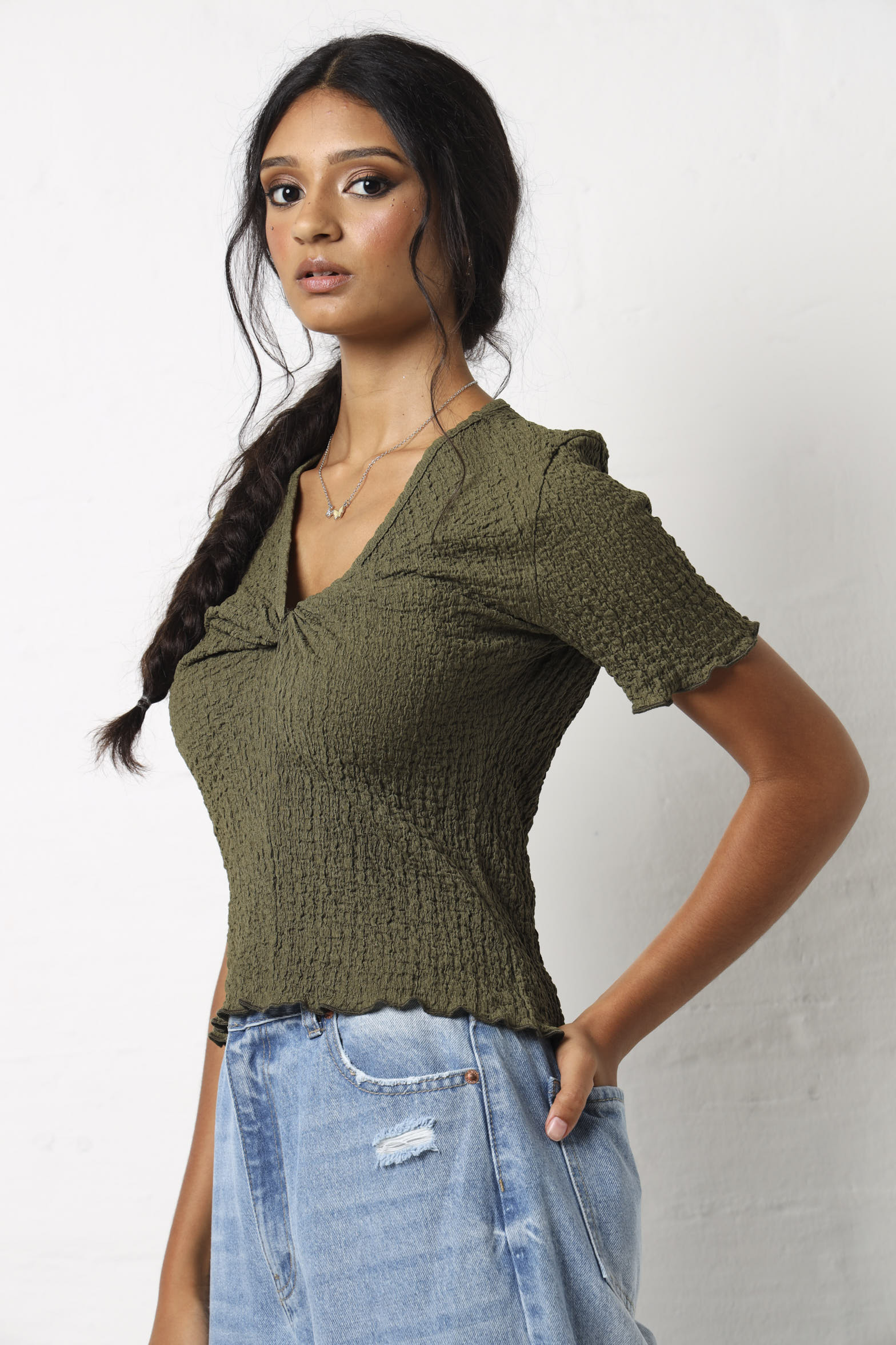 Front Knot Crinkle Knit Top - Fatigue - Image 5