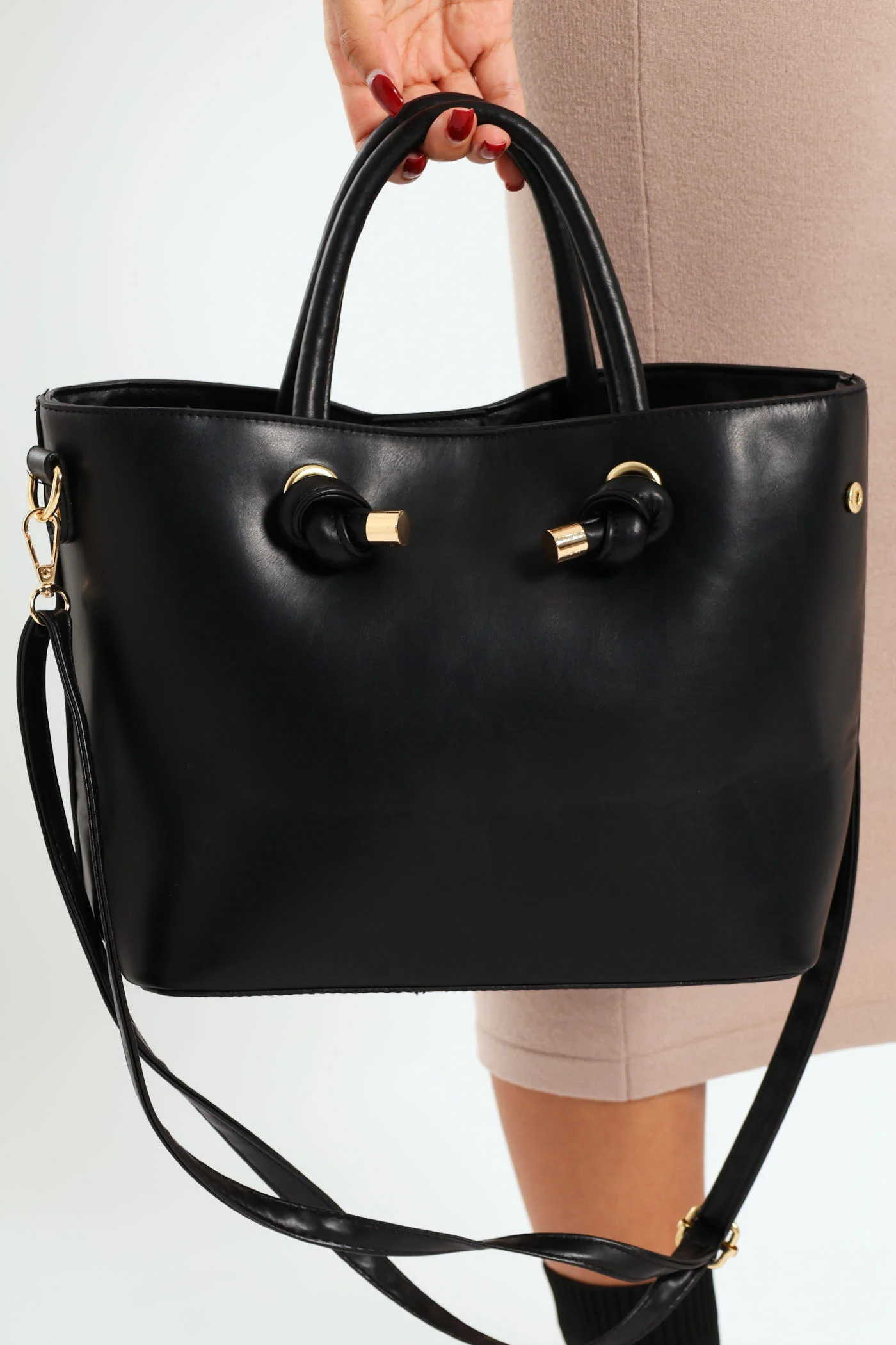 Front Knot Detail Metal Logo Shopper Bag - Black - Image 3