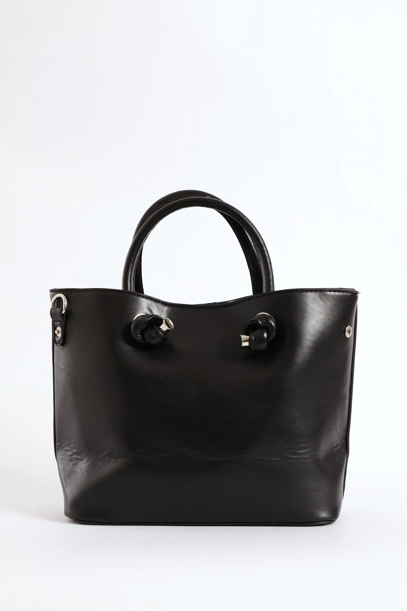 Front Knot Detail Metal Logo Tote Bag - Black/Silver - Image 4