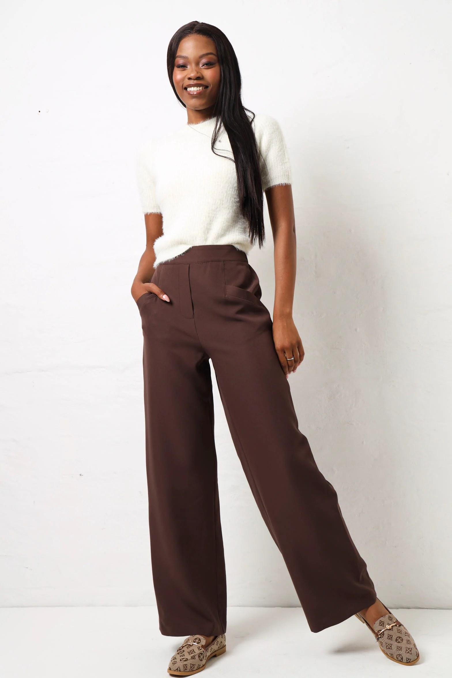 Front Pocket Elasticated Waist Barbi Pant - Chocolate - Image 6