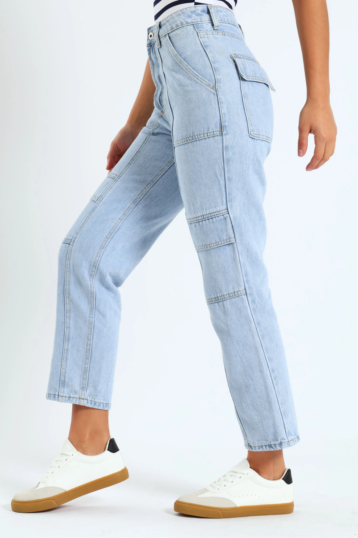 Front Seam Cargo Straight Leg Jean - Light Wash - Image 3