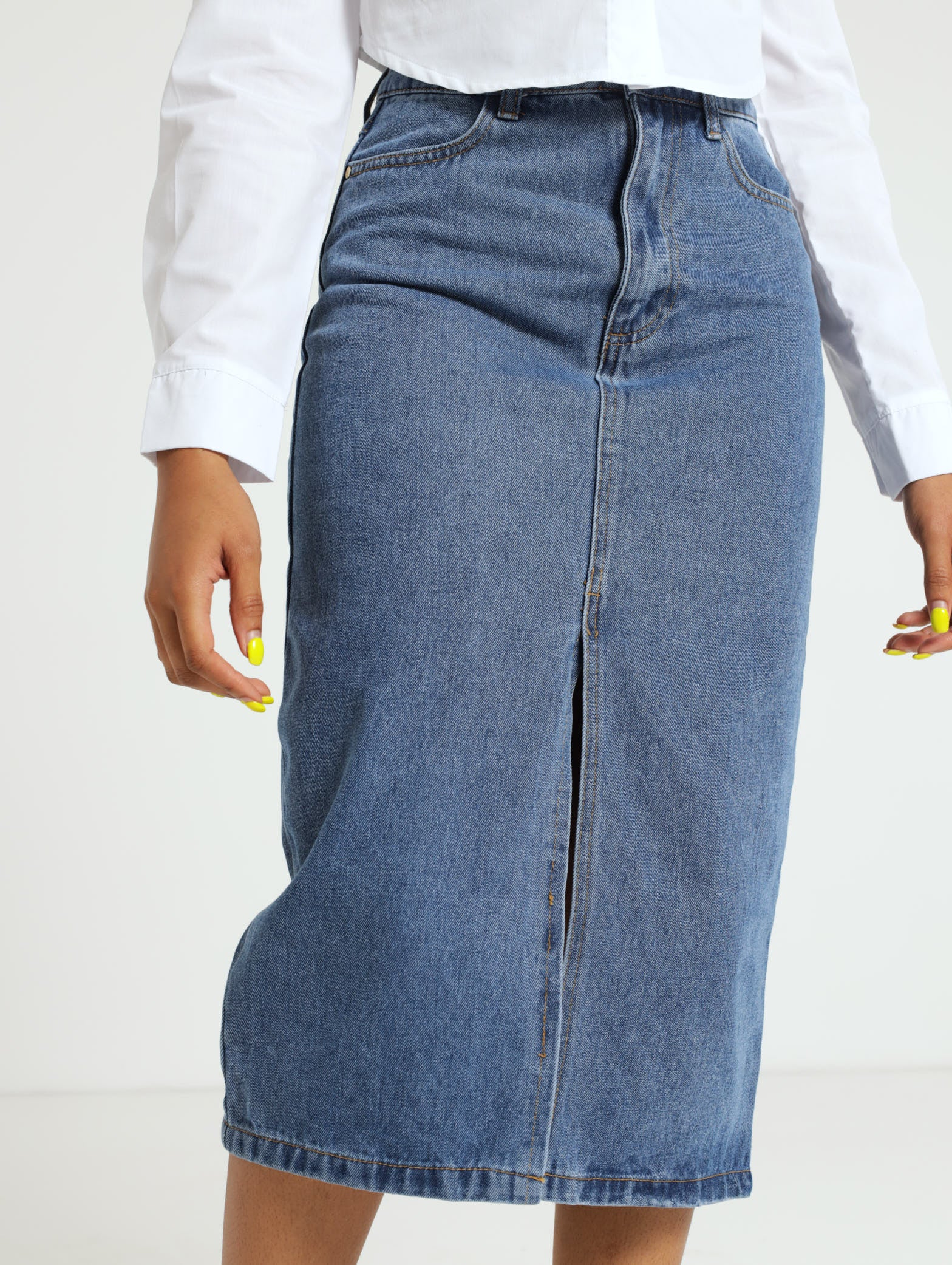 Front Slit Denim Midi Skirt