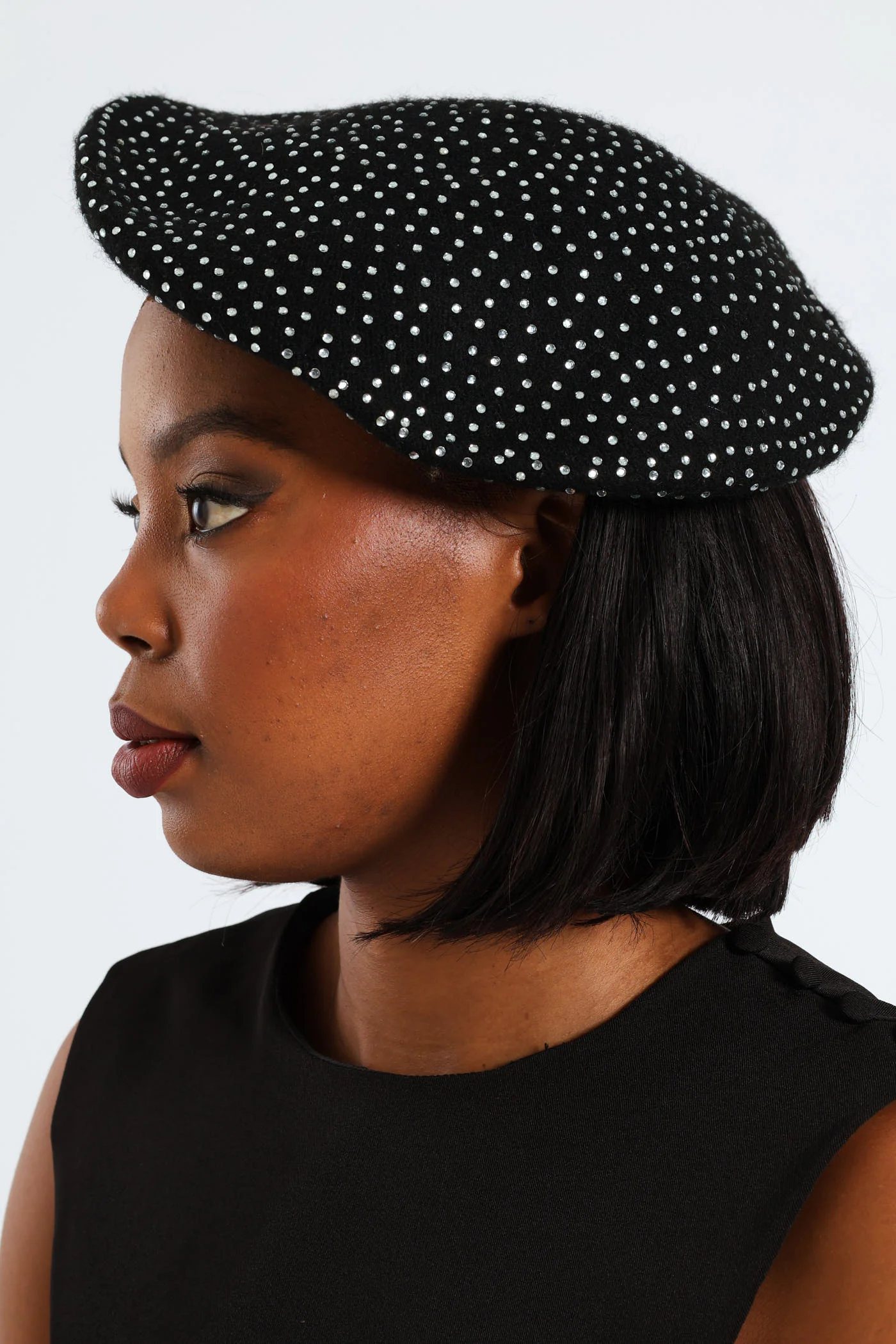 Full Diamante Woolen Beret - Black