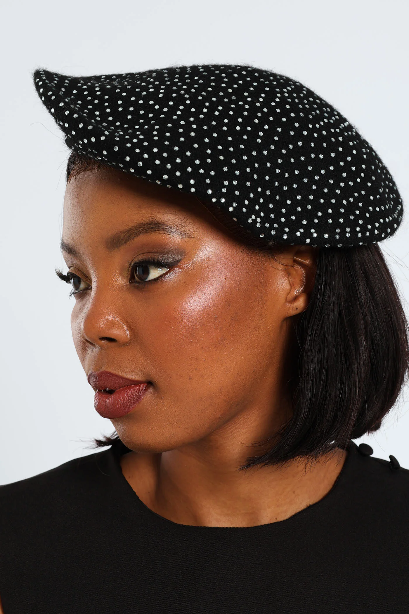 Full Diamante Woolen Beret - Black - Image 3