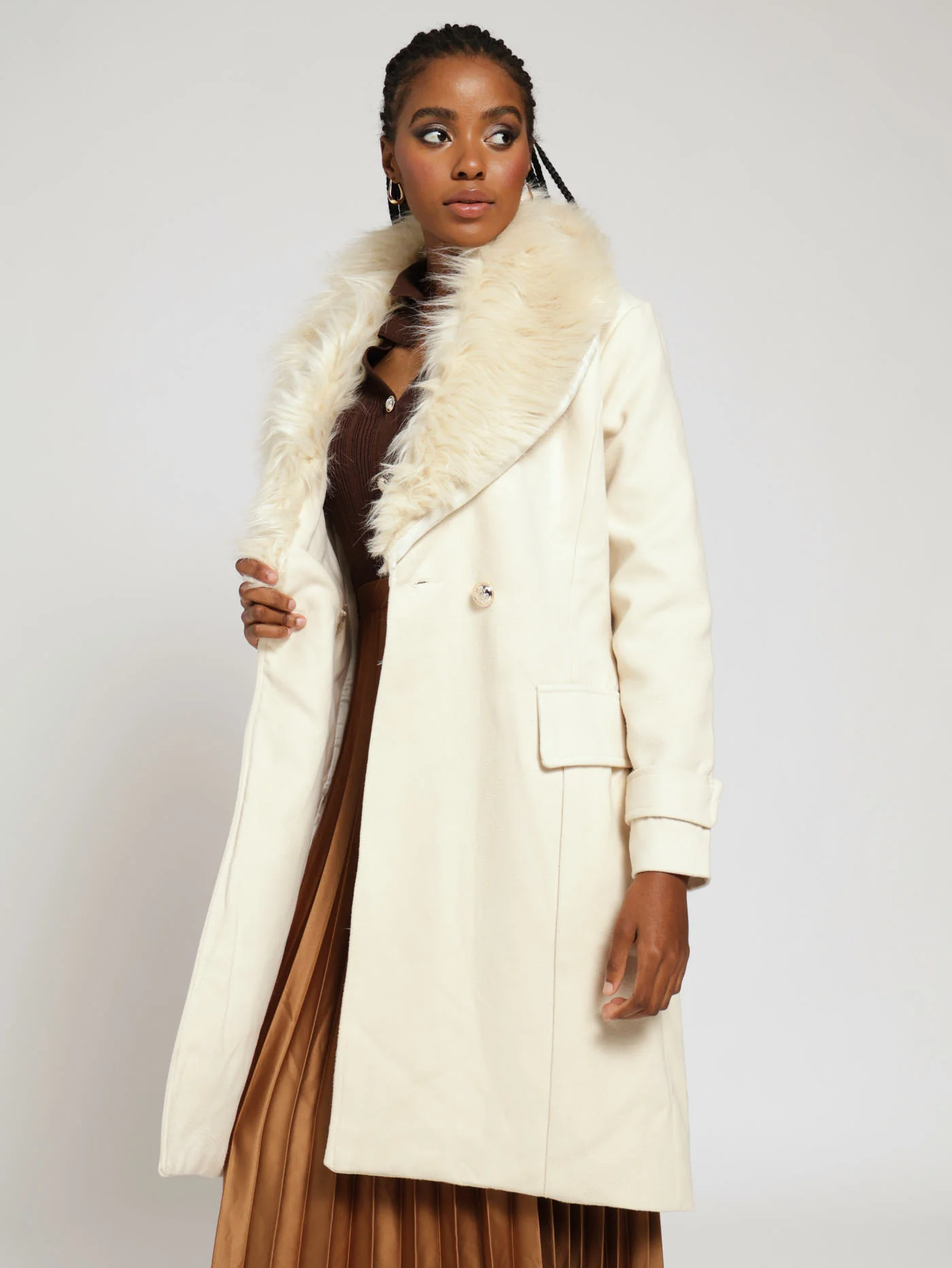 Fur Collar Double Breast Melton Jacket - Off White - Image 3