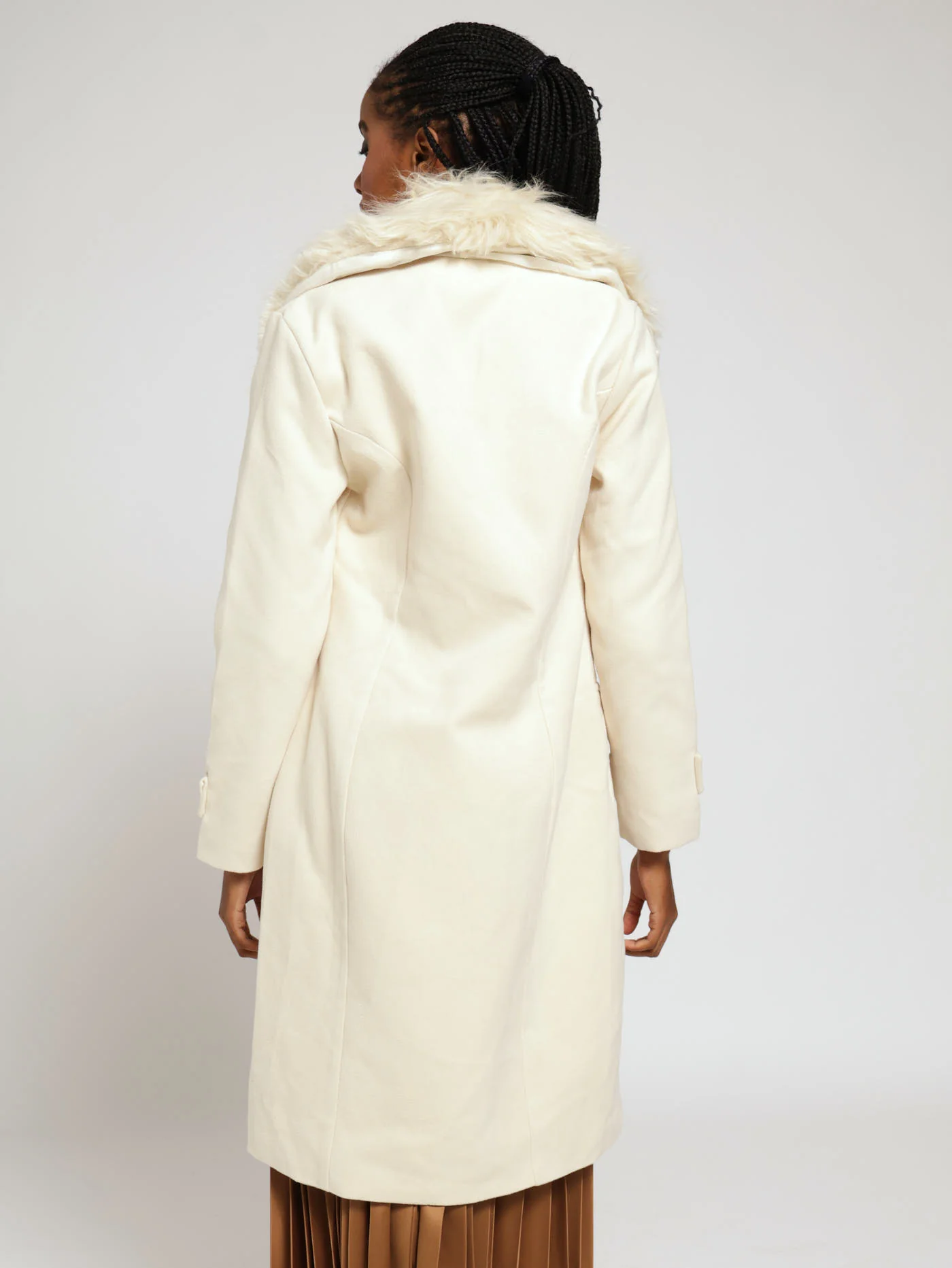 Fur Collar Double Breast Melton Jacket - Off White - Image 4