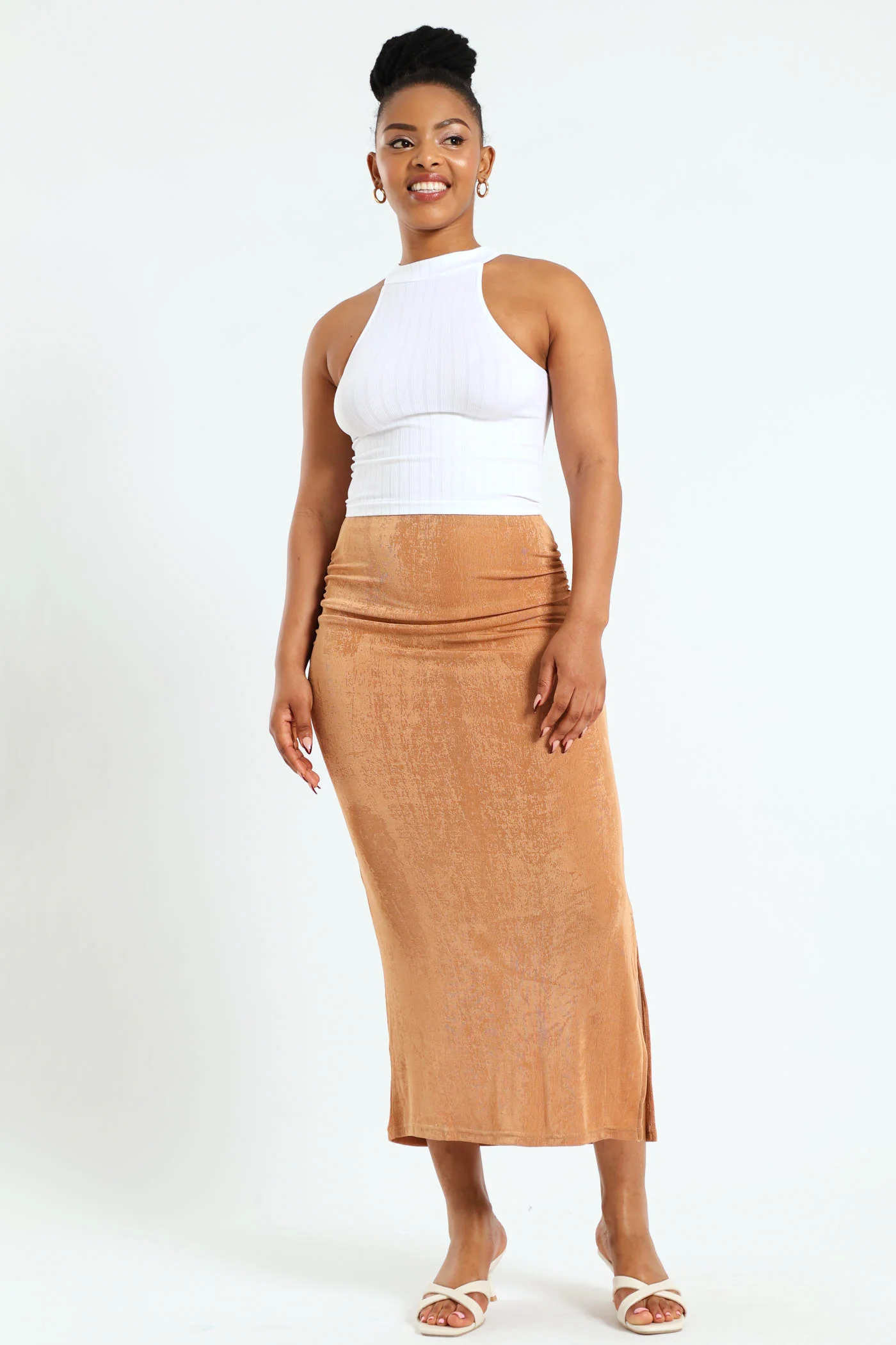 Gauged Side Slinky Bodycon Skirt - Brown - Image 3