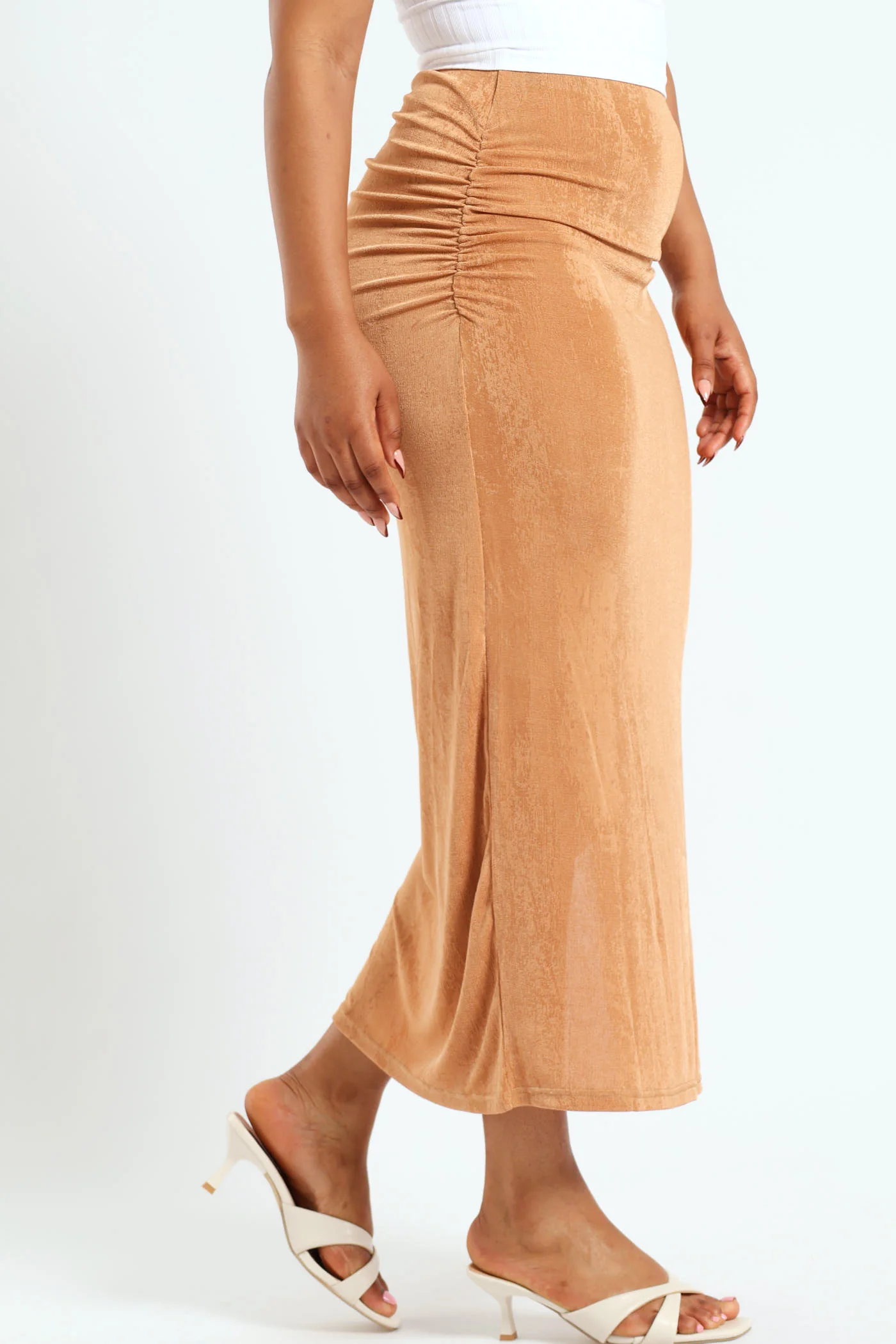 Gauged Side Slinky Bodycon Skirt - Brown - Image 4