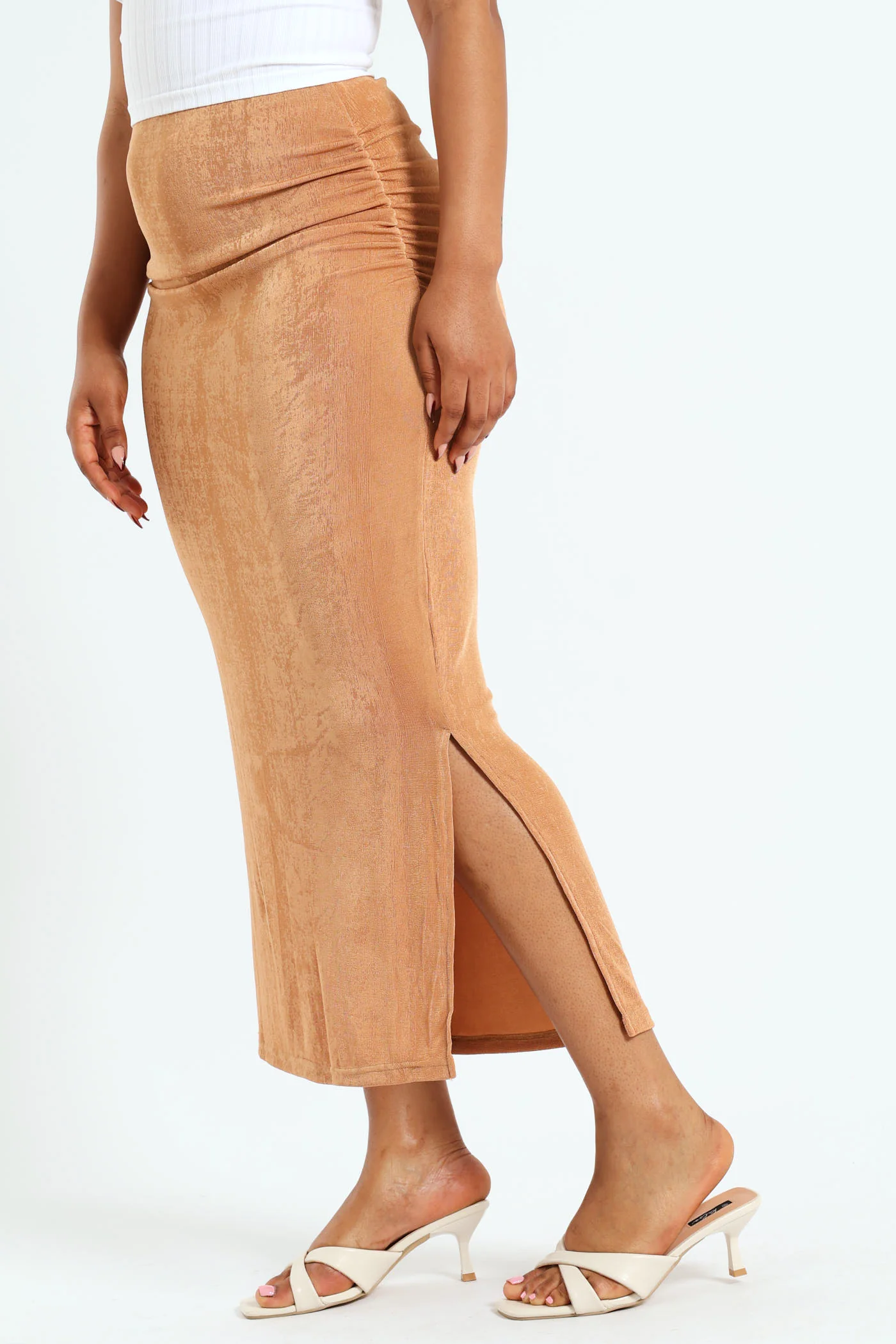 Gauged Side Slinky Bodycon Skirt - Brown - Image 5