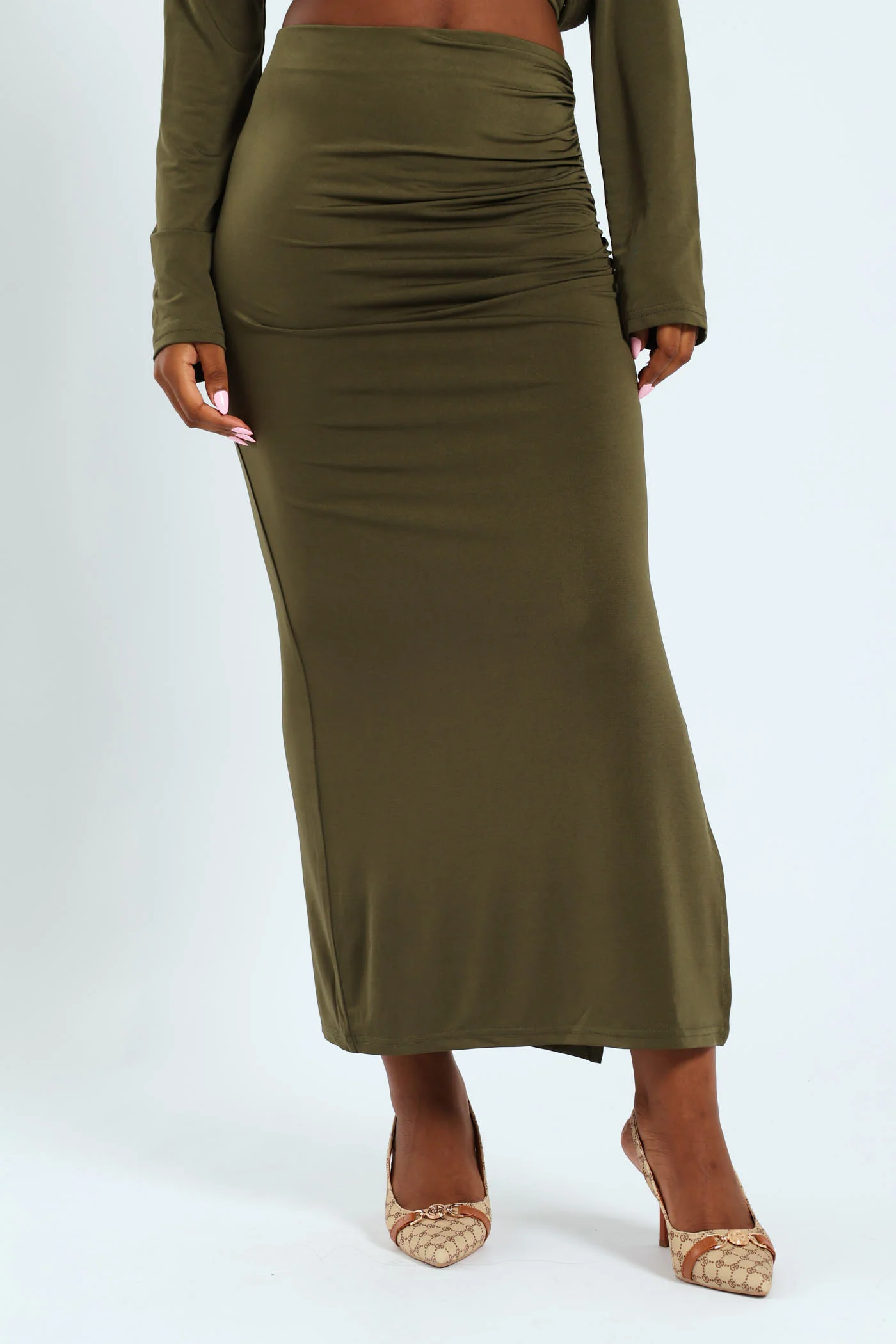 Gauged Side Slinky Bodycon Skirt - Fatigue - Image 5
