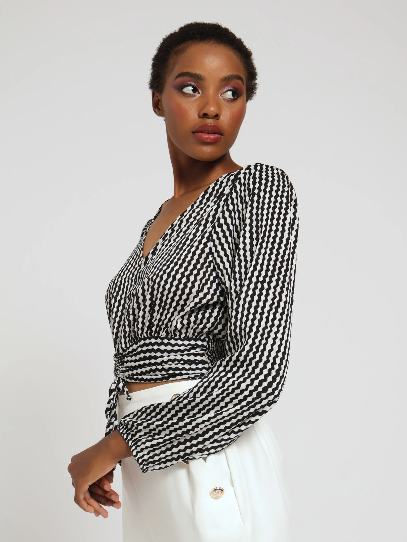 Geo Mono V-Neck Blouse - Black/White - Image 2