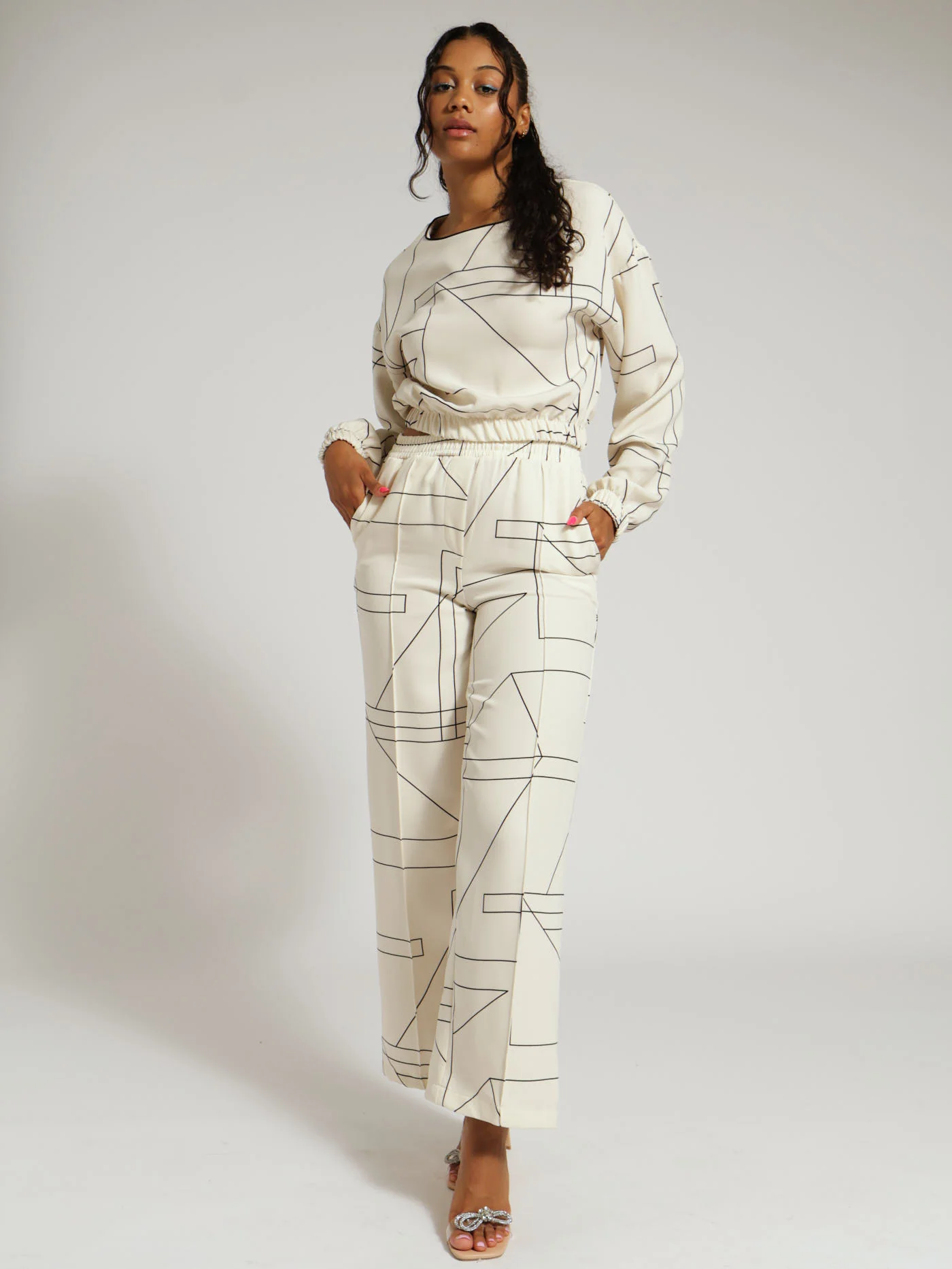 Geo Printed Barbi Wideleg Pants - Cream - Image 5