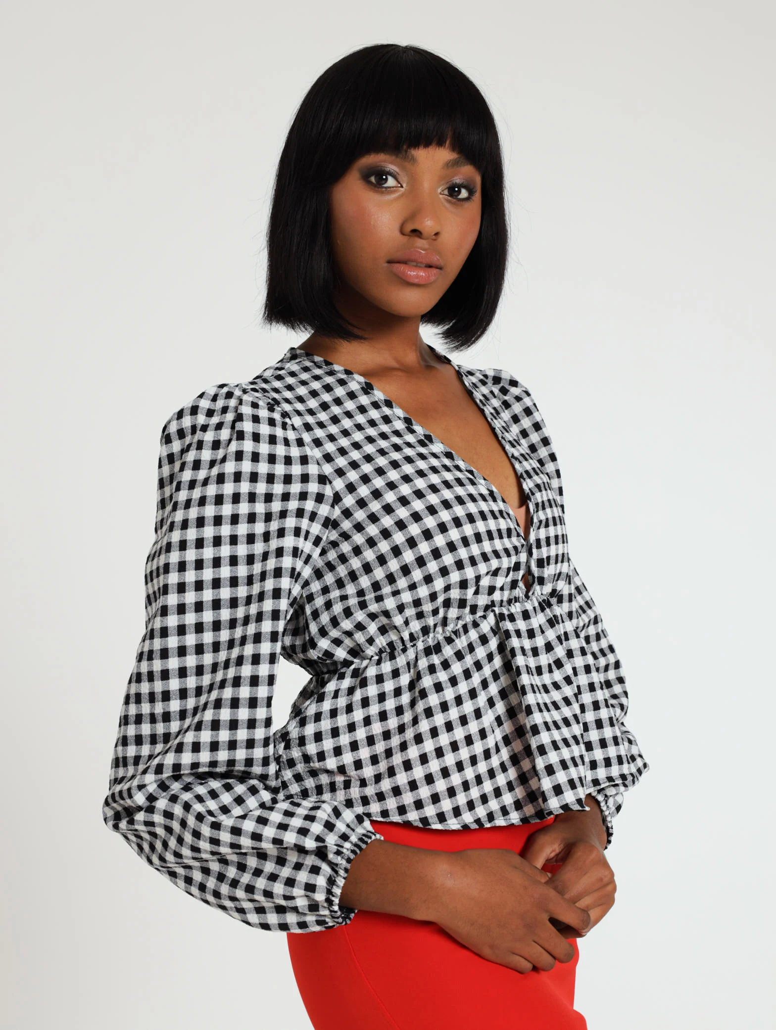 Gingham Elastic Waist Blouse