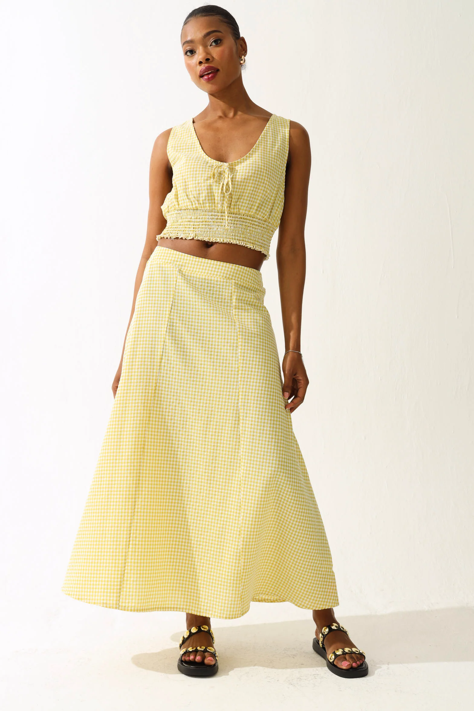 Gingham Flared Midi Skirt - Chartreuse