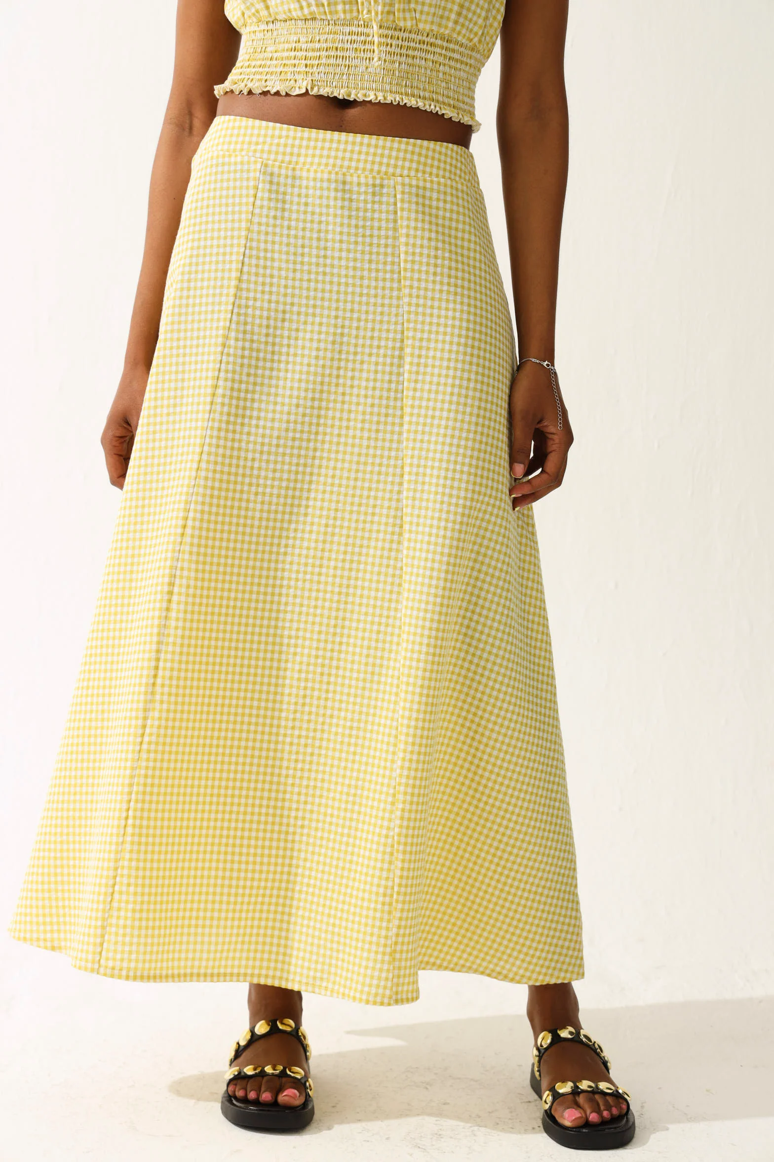 Gingham Flared Midi Skirt - Chartreuse - Image 2