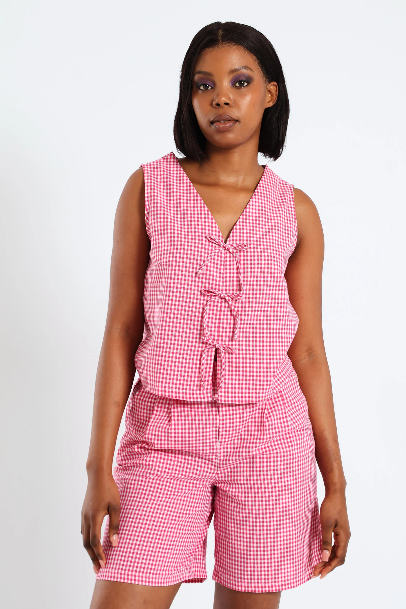 Gingham Print Tie Top - Pink - Image 2