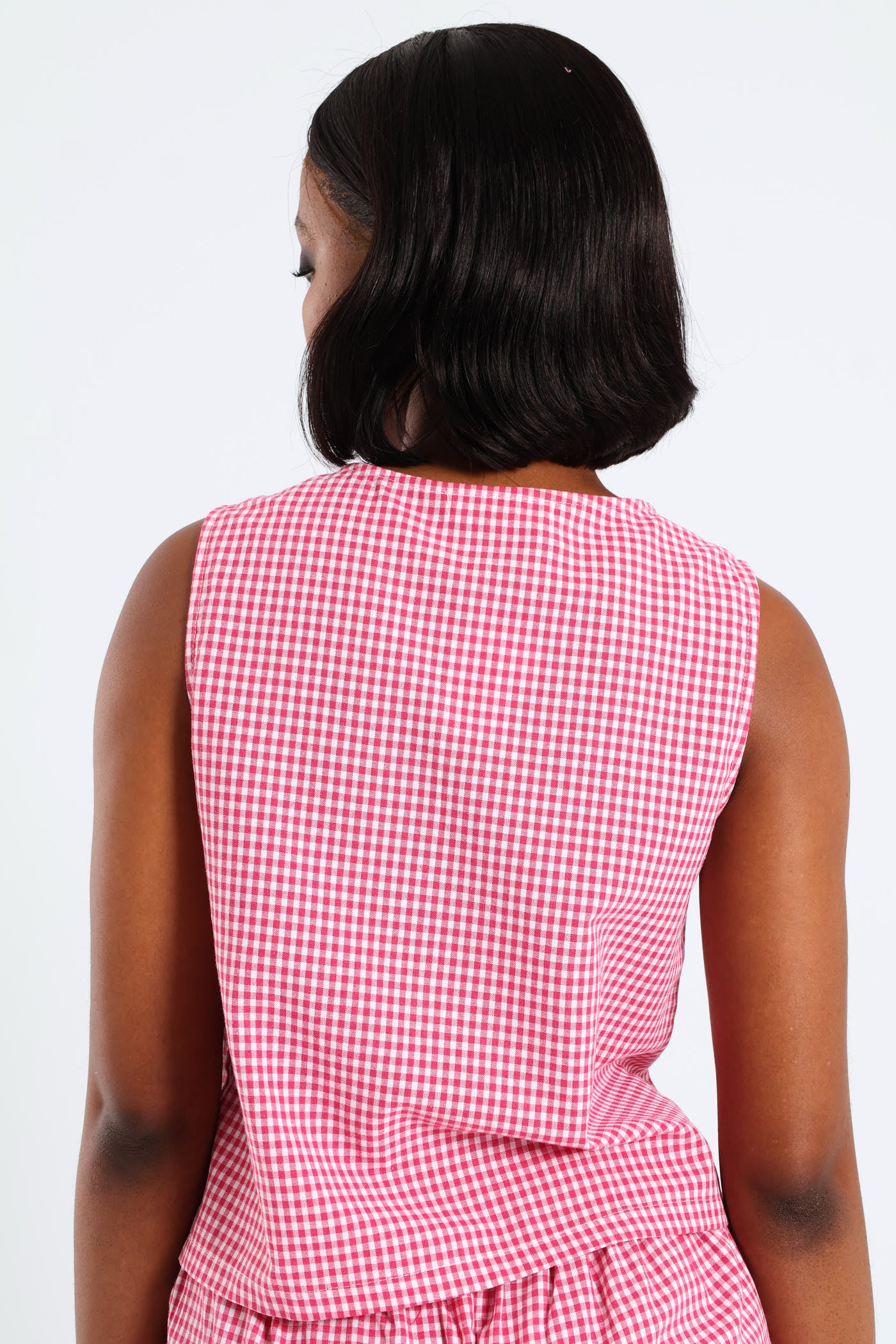Gingham Print Tie Top - Pink - Image 6
