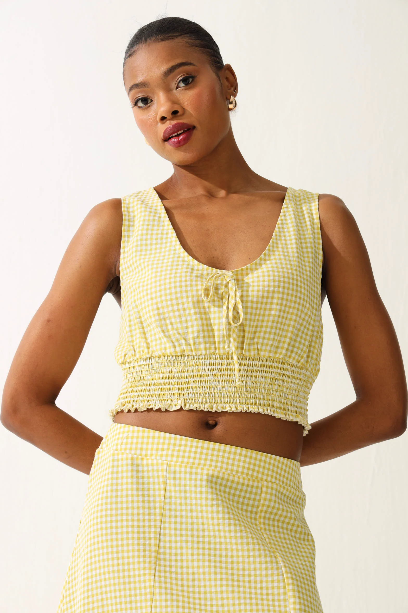 Gingham Ruched Tie Front Top - Chartreuse - Image 2