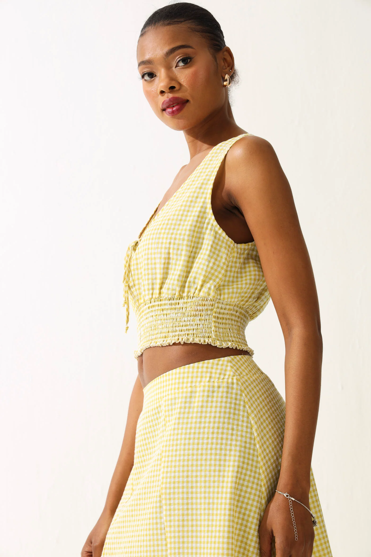 Gingham Ruched Tie Front Top - Chartreuse - Image 3
