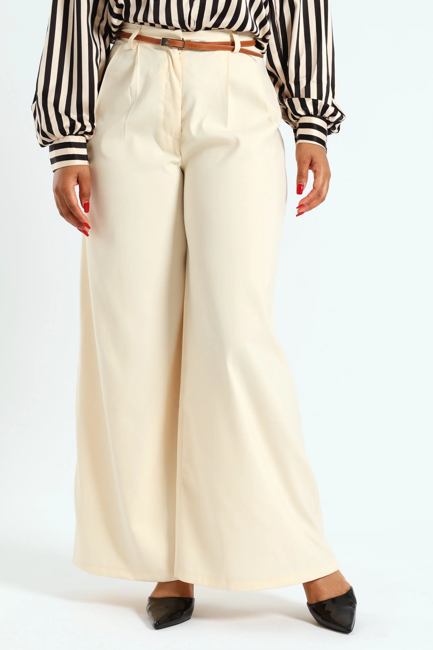 Gold Belt Wideleg Pants - Cream