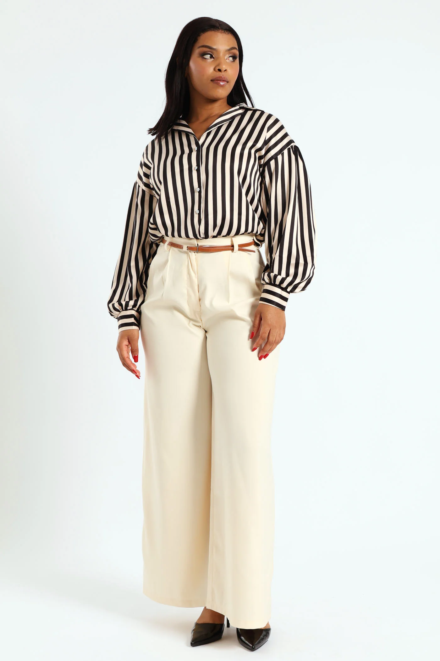 Gold Belt Wideleg Pants - Cream - Image 3