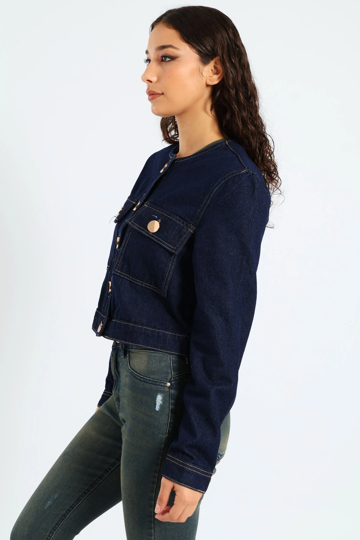 Gold Button Denim Jacket - Ink - Image 3