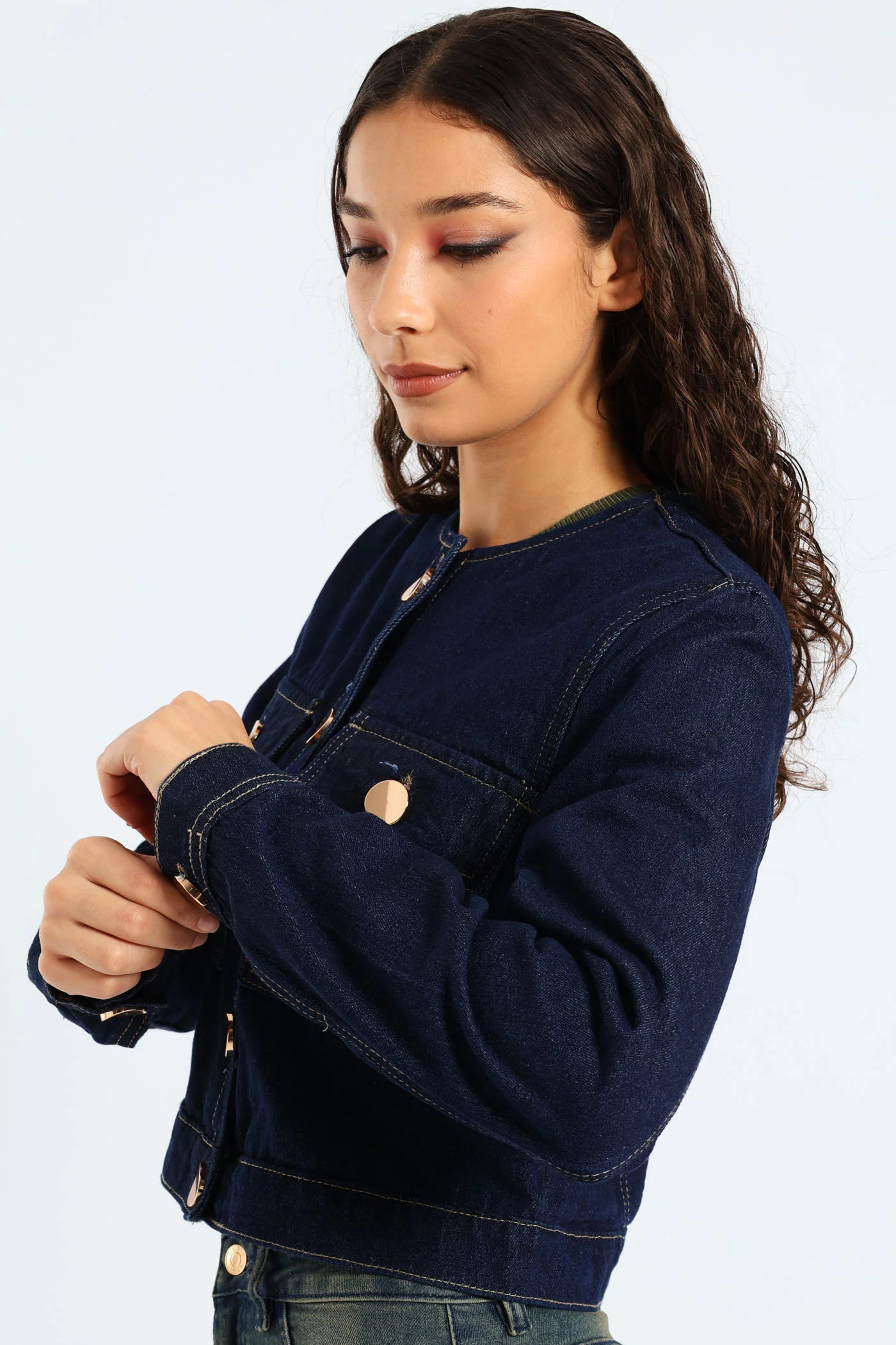 Gold Button Denim Jacket - Ink - Image 5