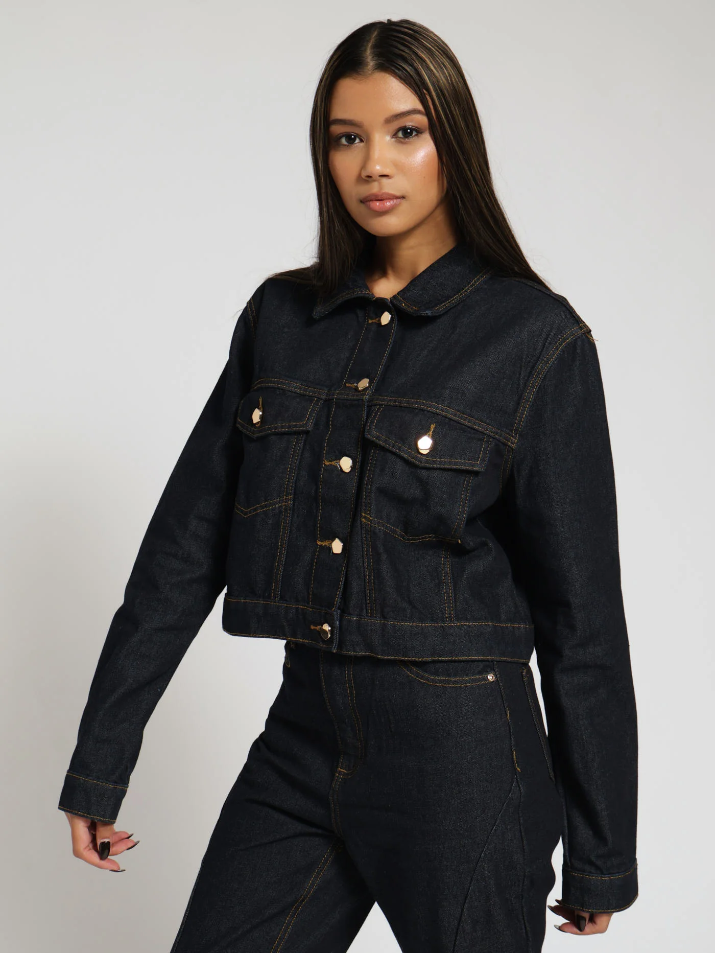 Gold Button Denim Jacket - Ink - Image 2