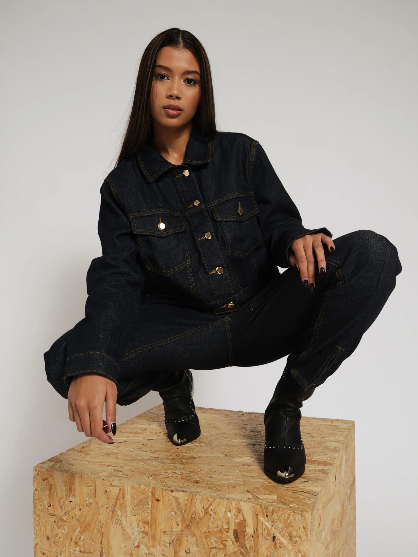Gold Button Denim Jacket - Ink - Image 4