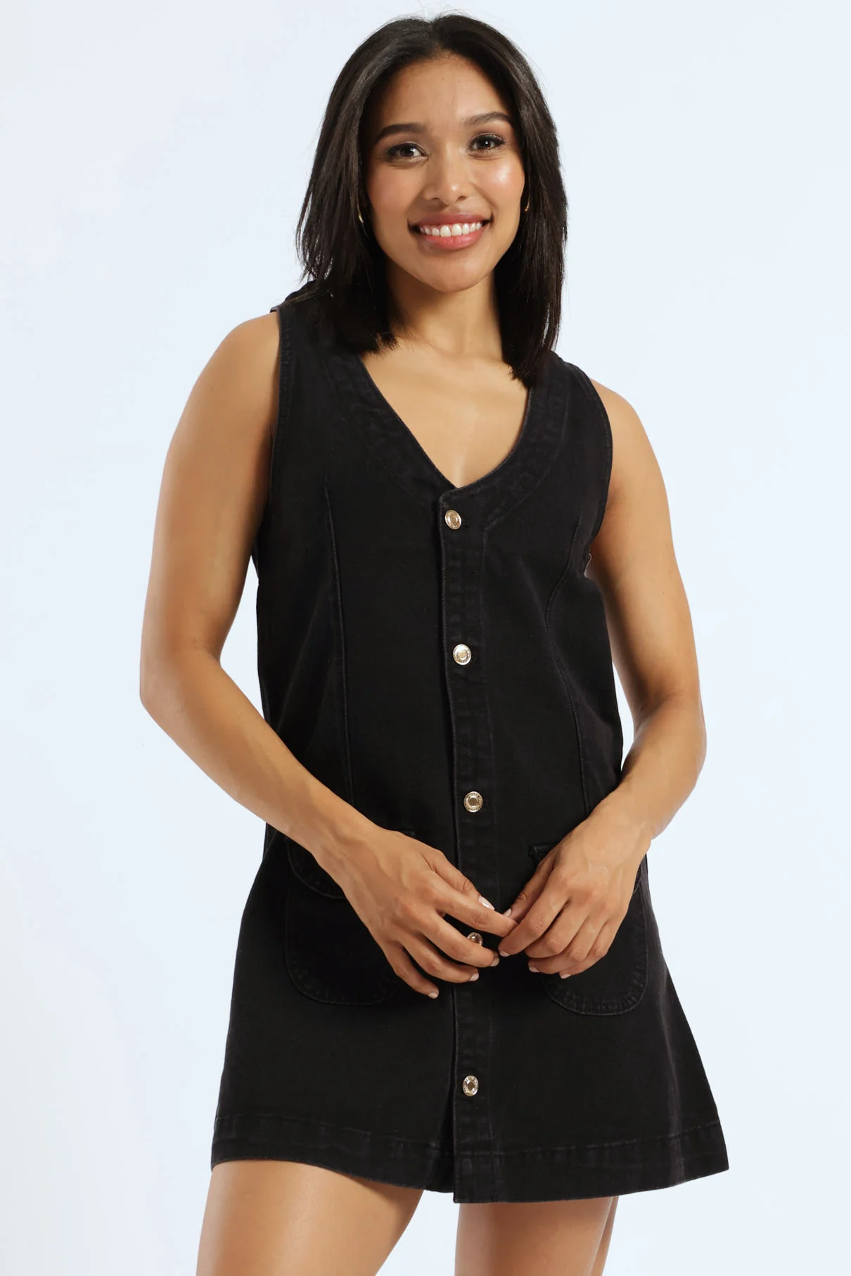 Gold Button Denim Pinafore Dress - Black - Image 2