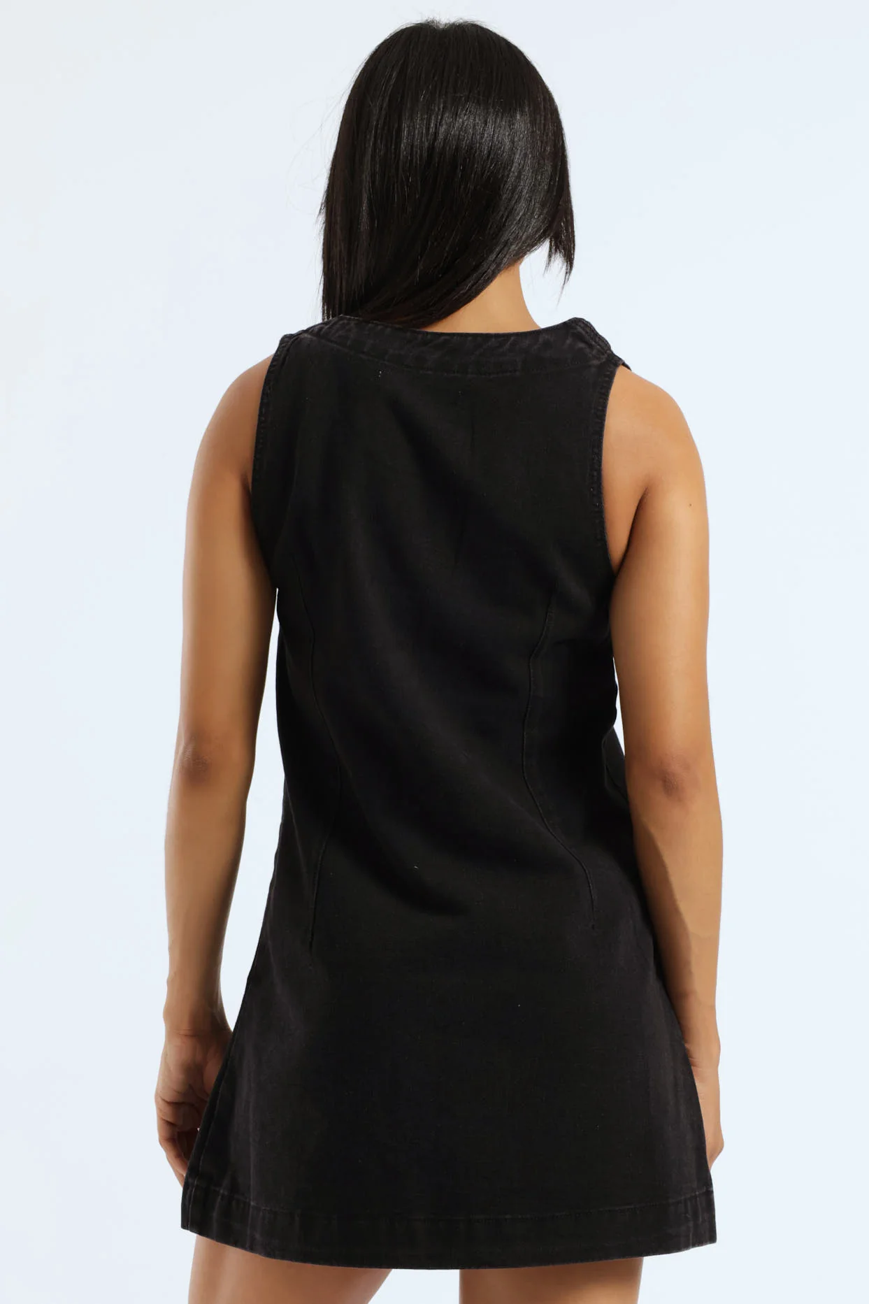 Gold Button Denim Pinafore Dress - Black - Image 4