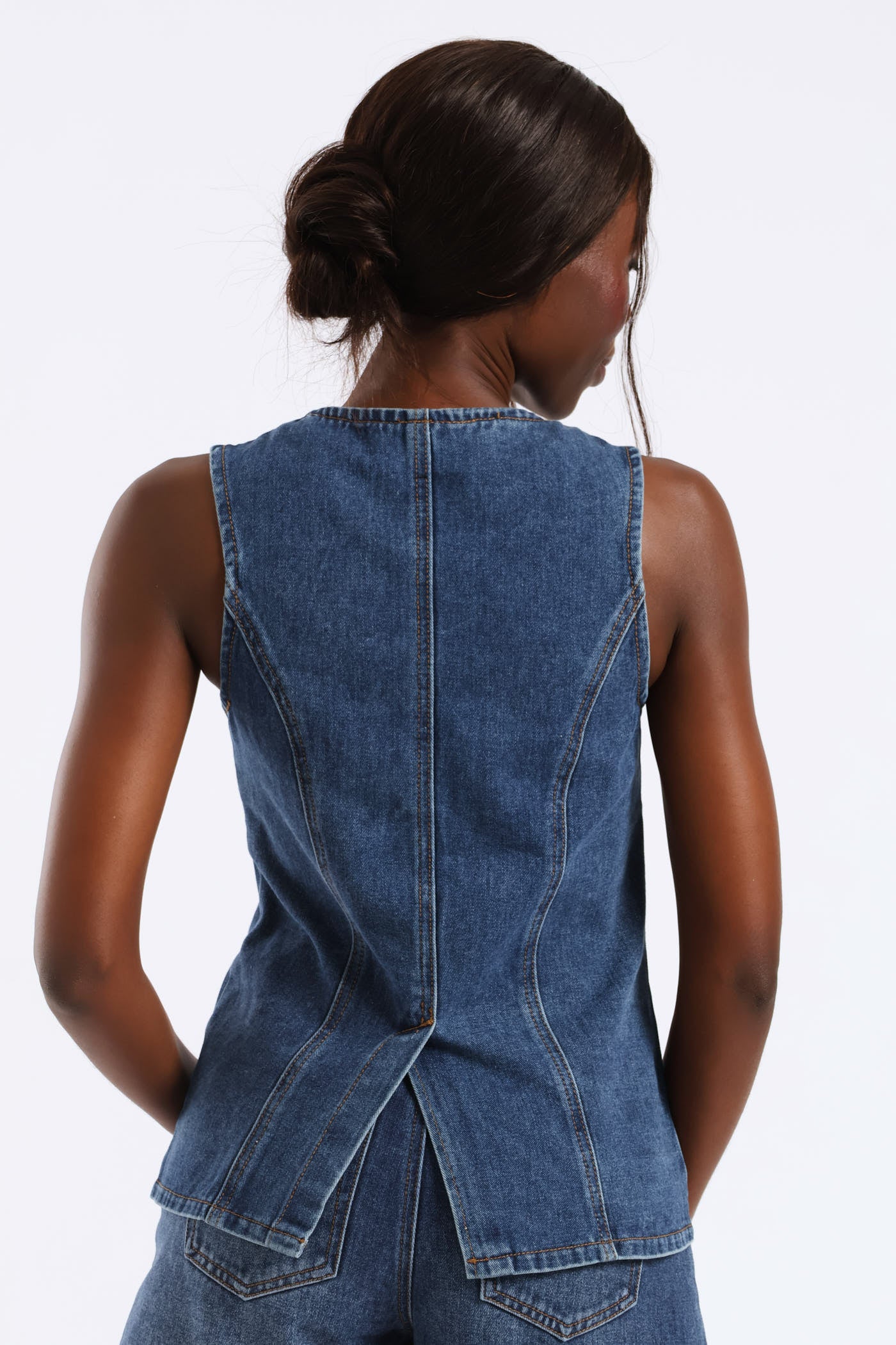 Gold Button Longer Length Waistcoat - Medium Blue - Image 2