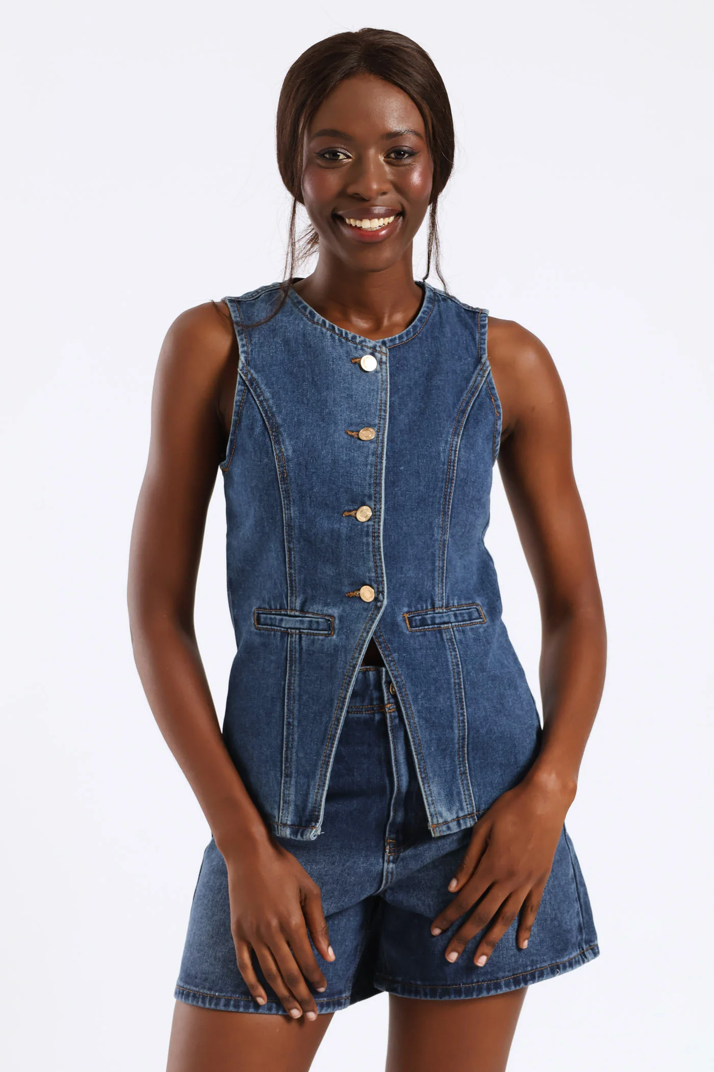Gold Button Longer Length Waistcoat - Medium Blue - Image 5