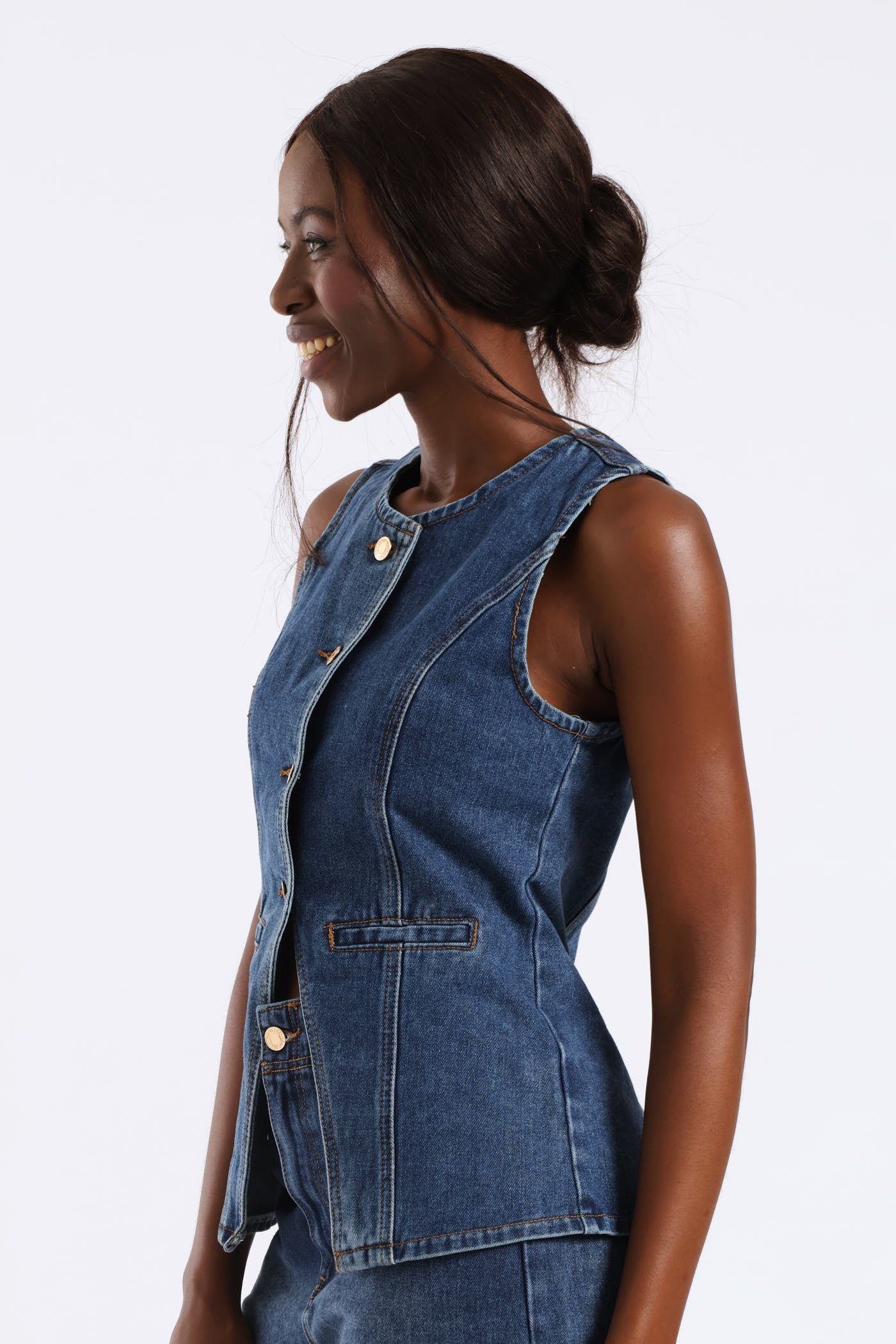 Gold Button Longer Length Waistcoat - Medium Blue - Image 6