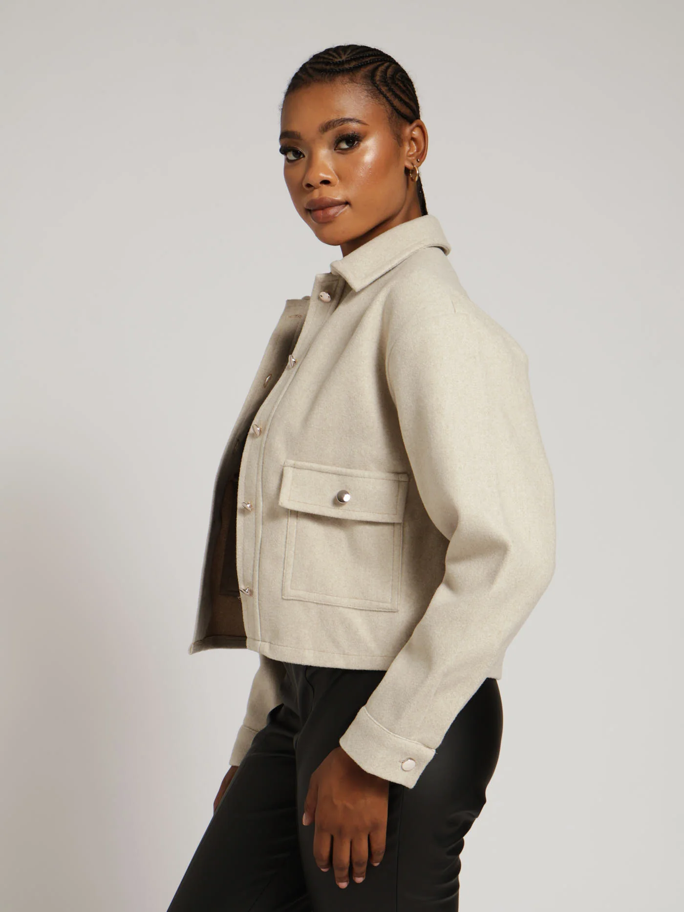 Gold Button Oatmeal Shacket - Beige - Image 2