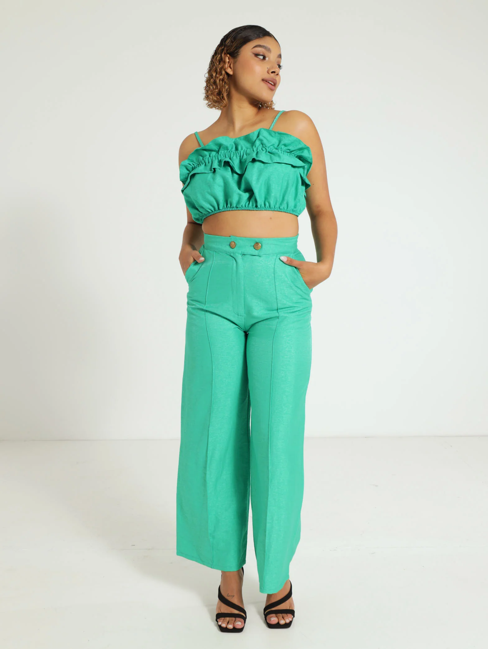 Gold Button Pin Tuck Wide Leg Pants - Image 2