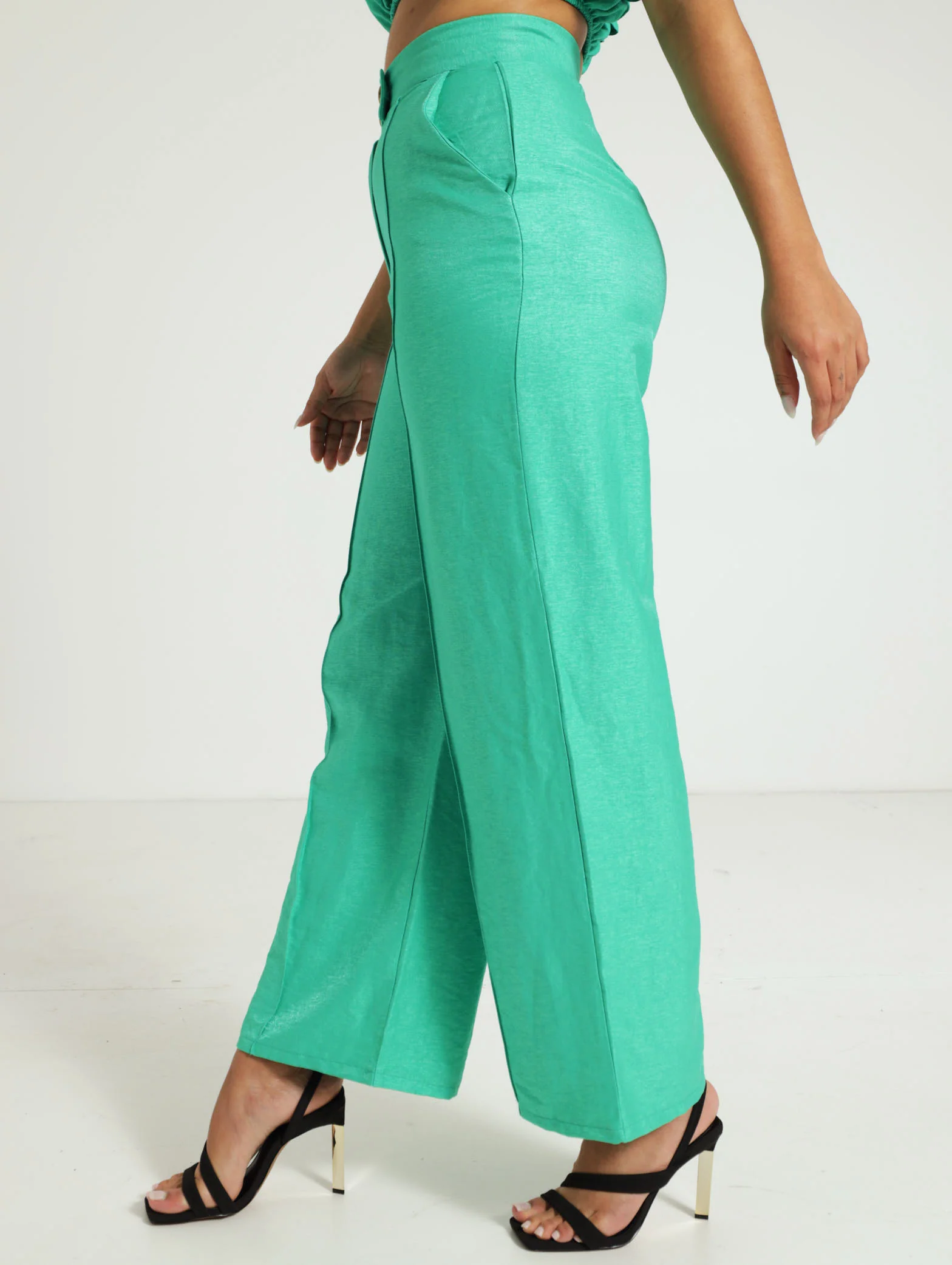 Gold Button Pin Tuck Wide Leg Pants - Image 3