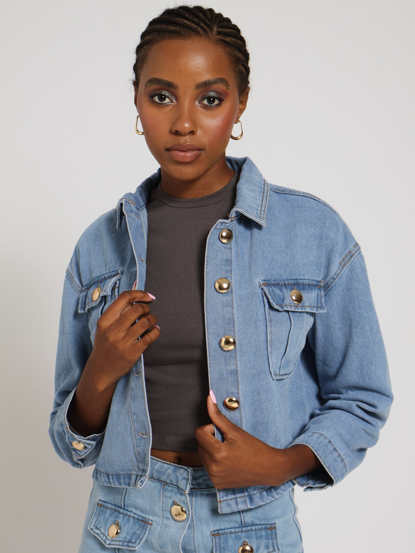 Gold Button Shacket - Stonewash