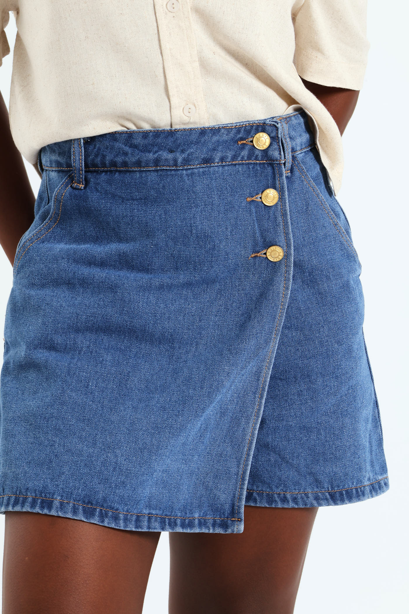 Gold Button Skort - Stonewash