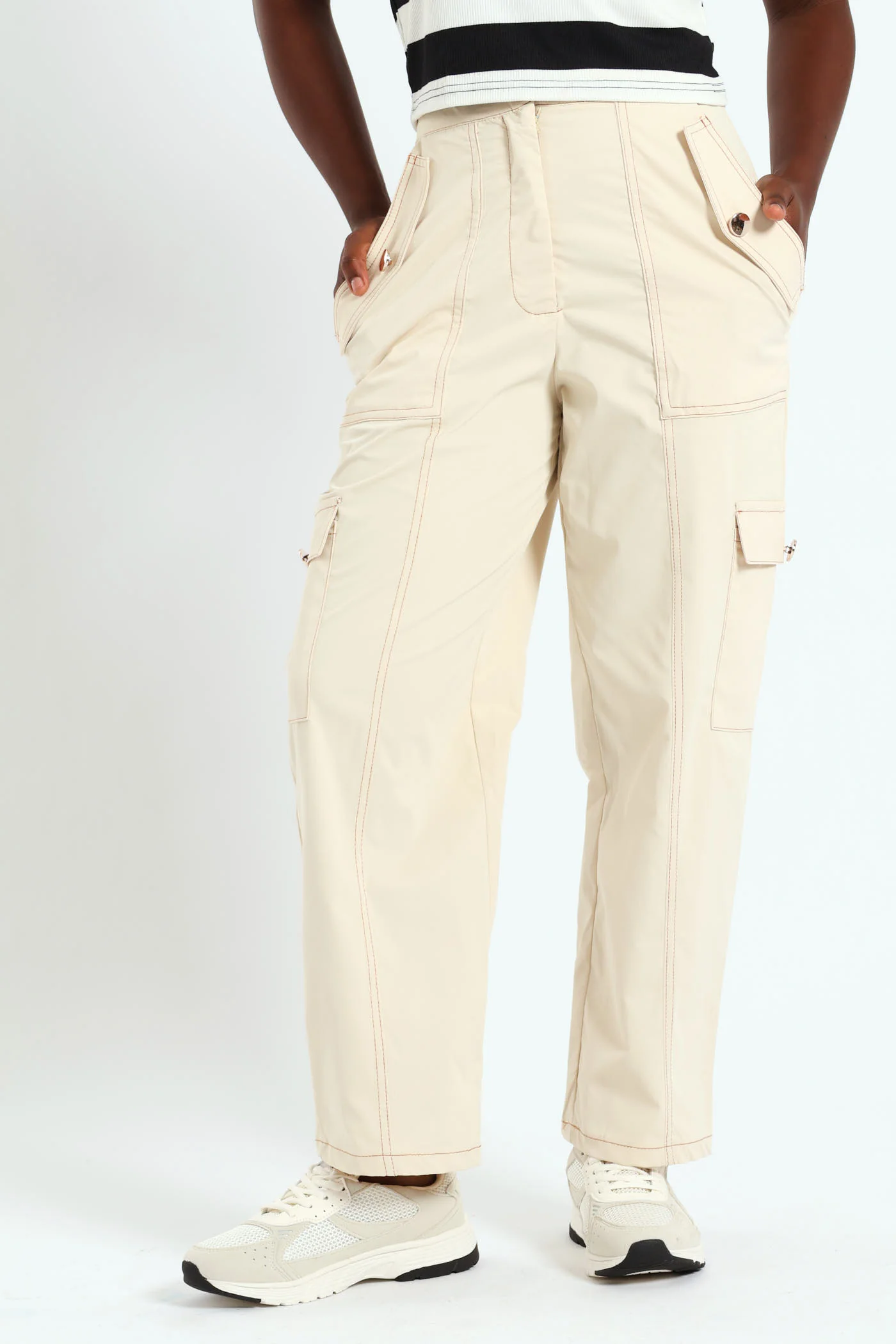 Gold Button Twill Cargo Pants - Cream