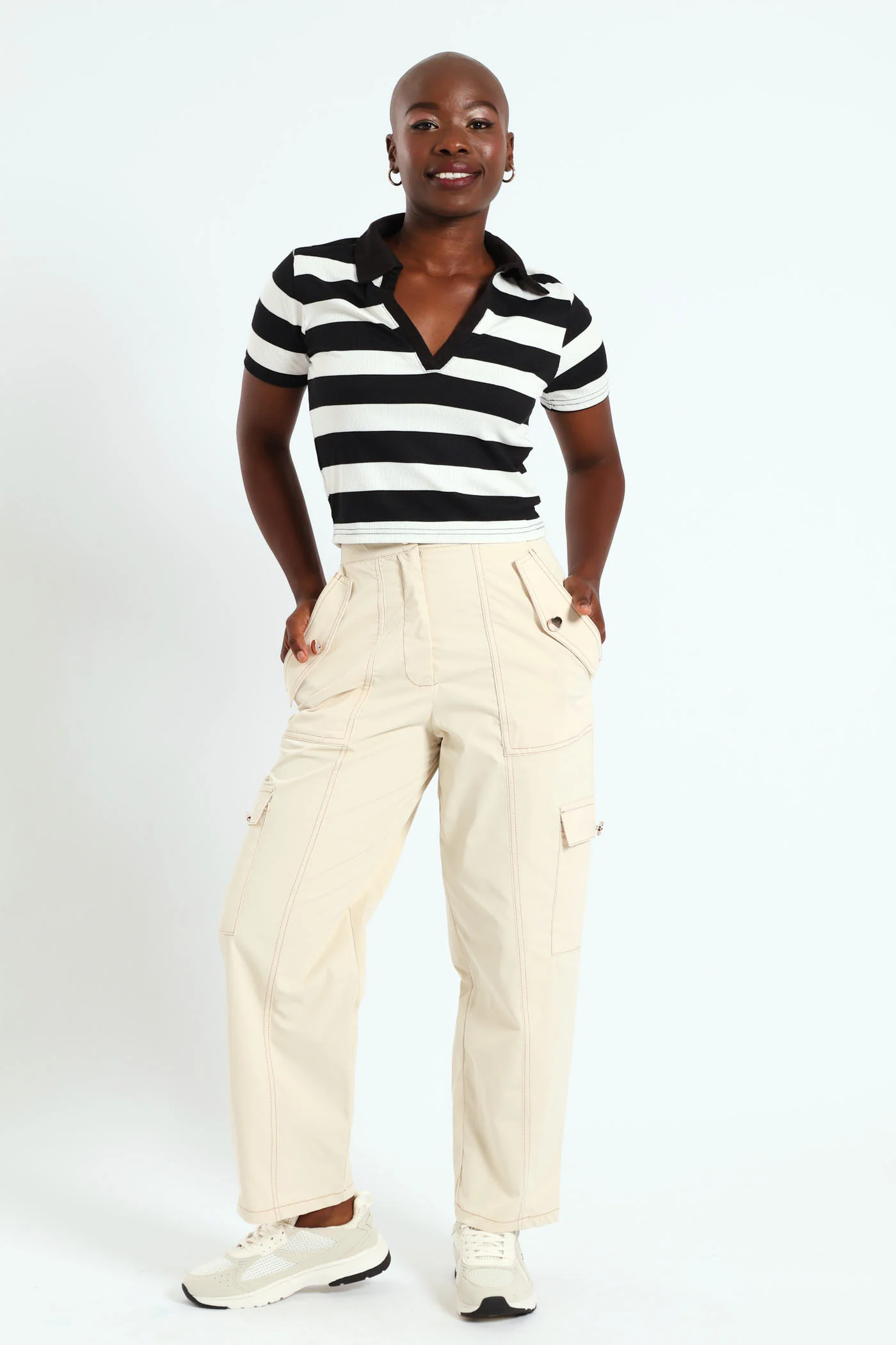 Gold Button Twill Cargo Pants - Cream - Image 2