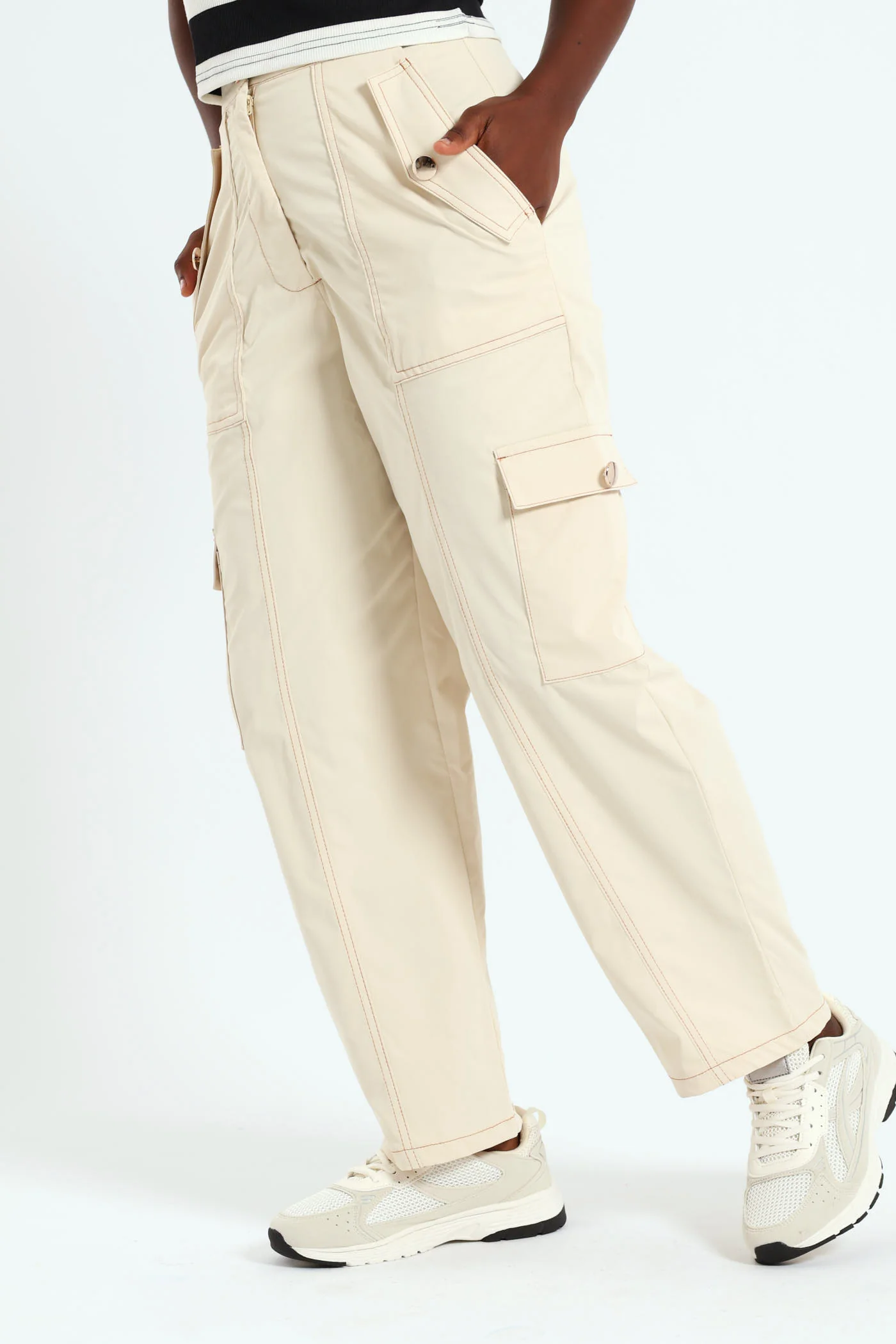Gold Button Twill Cargo Pants - Cream - Image 3