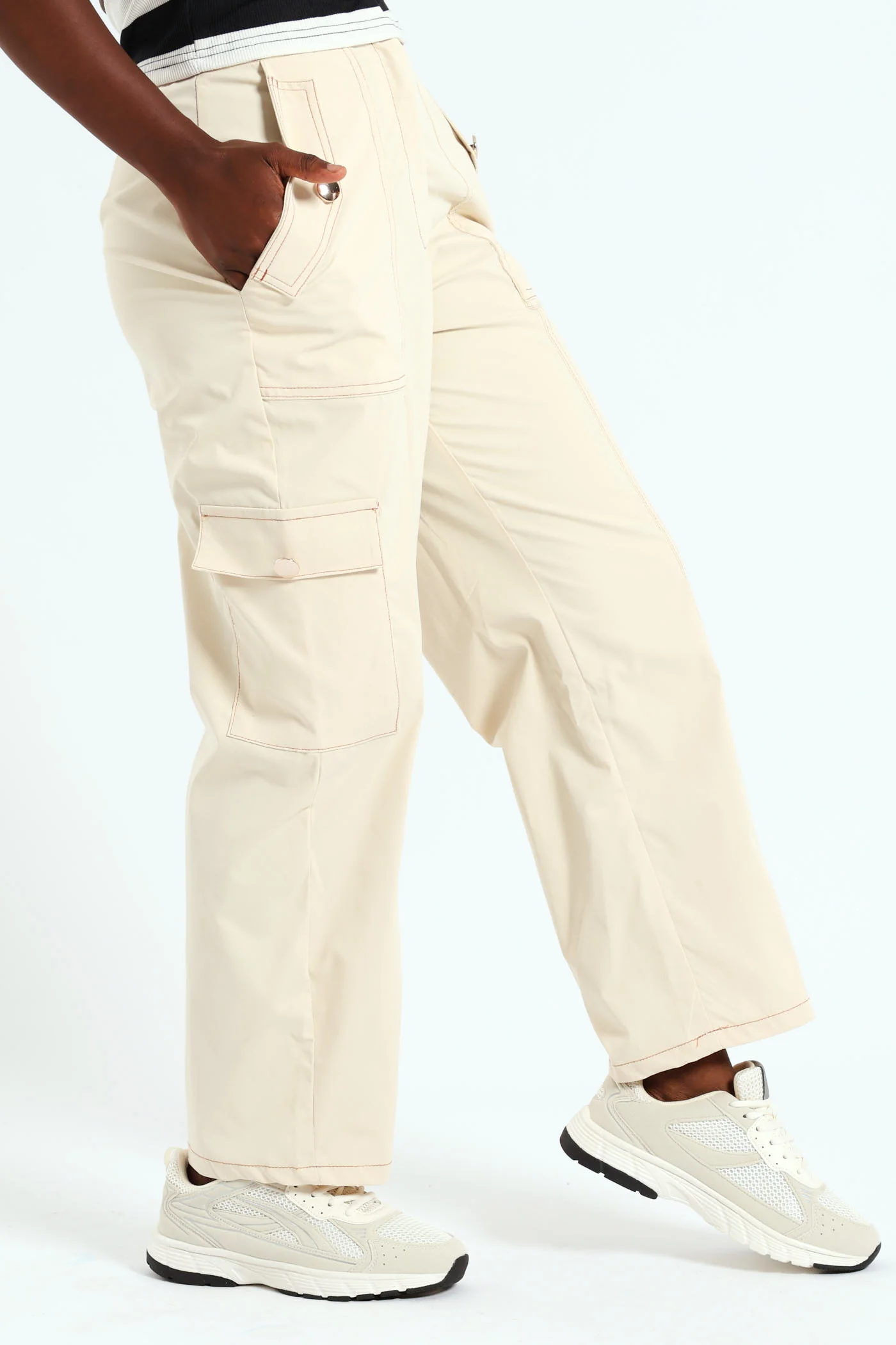Gold Button Twill Cargo Pants - Cream - Image 4