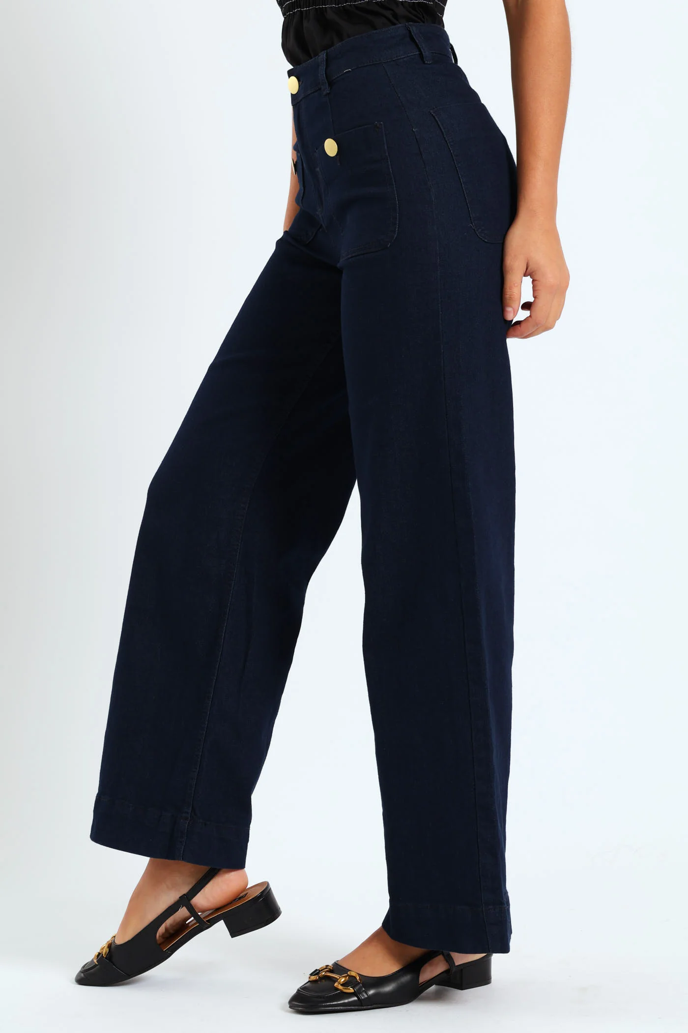 Gold Button Wide Leg Jean - Dark Wash Ink - Image 4