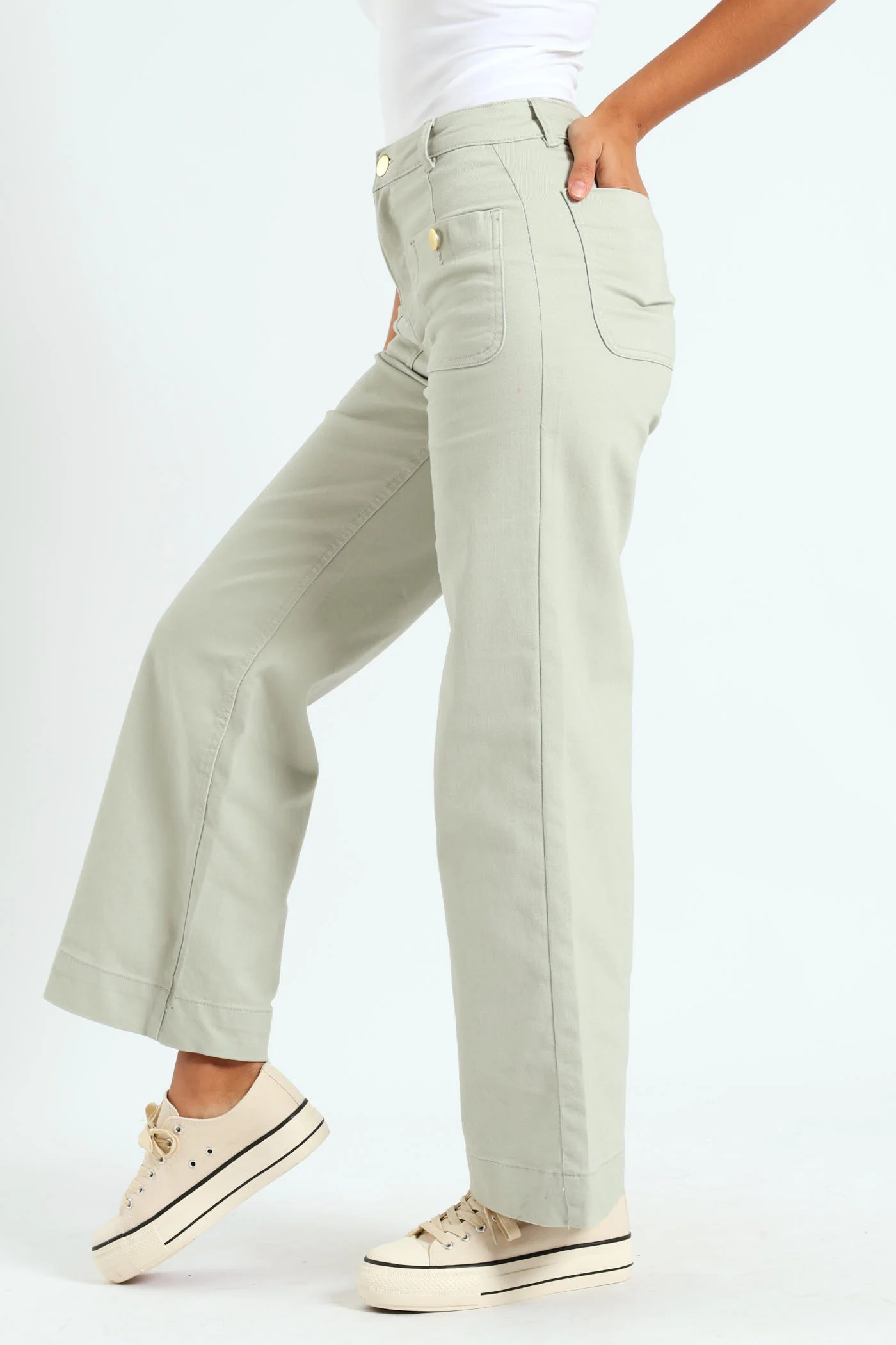 Gold Button Wide Leg Pants - Sage - Image 3
