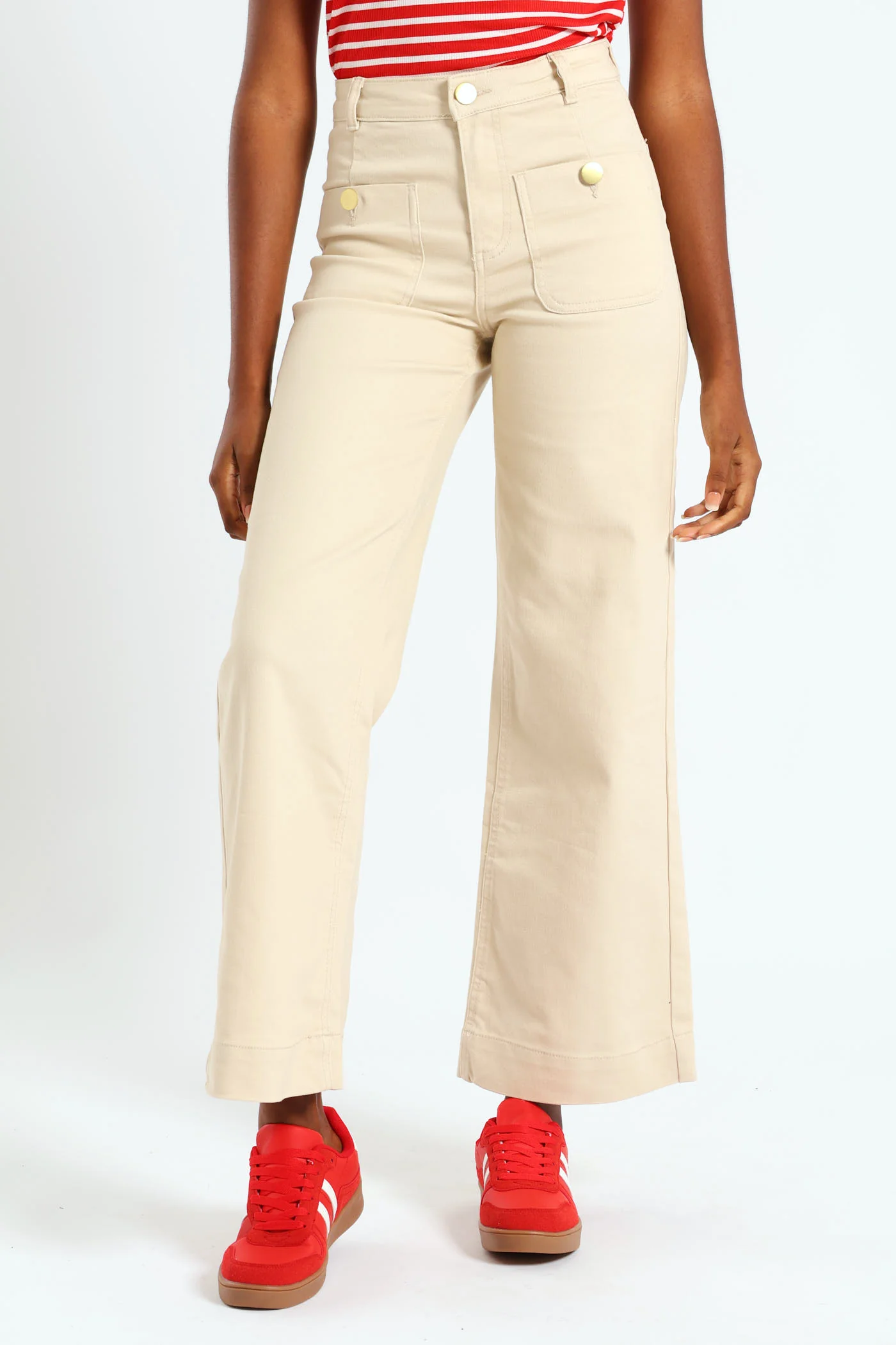 Gold Button Wide Leg Pants - Stone