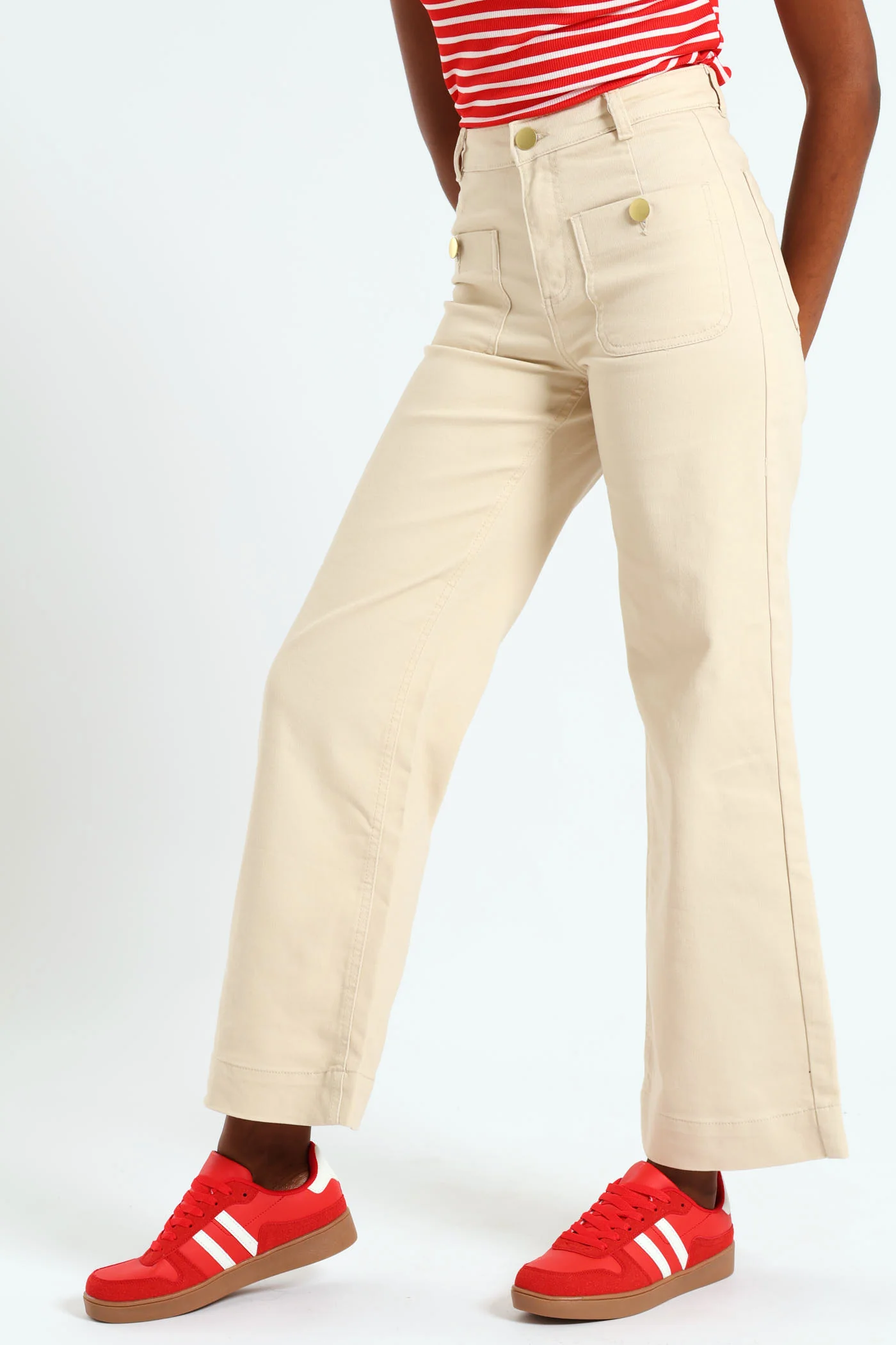 Gold Button Wide Leg Pants - Stone - Image 3