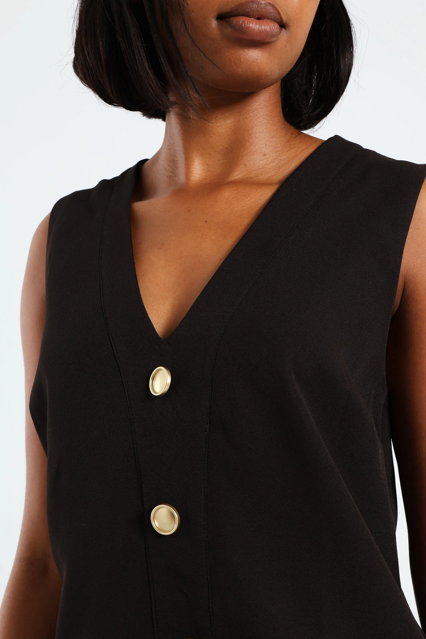 Gold Buttons Sleeveless Pinafore Dress - Black - Image 2
