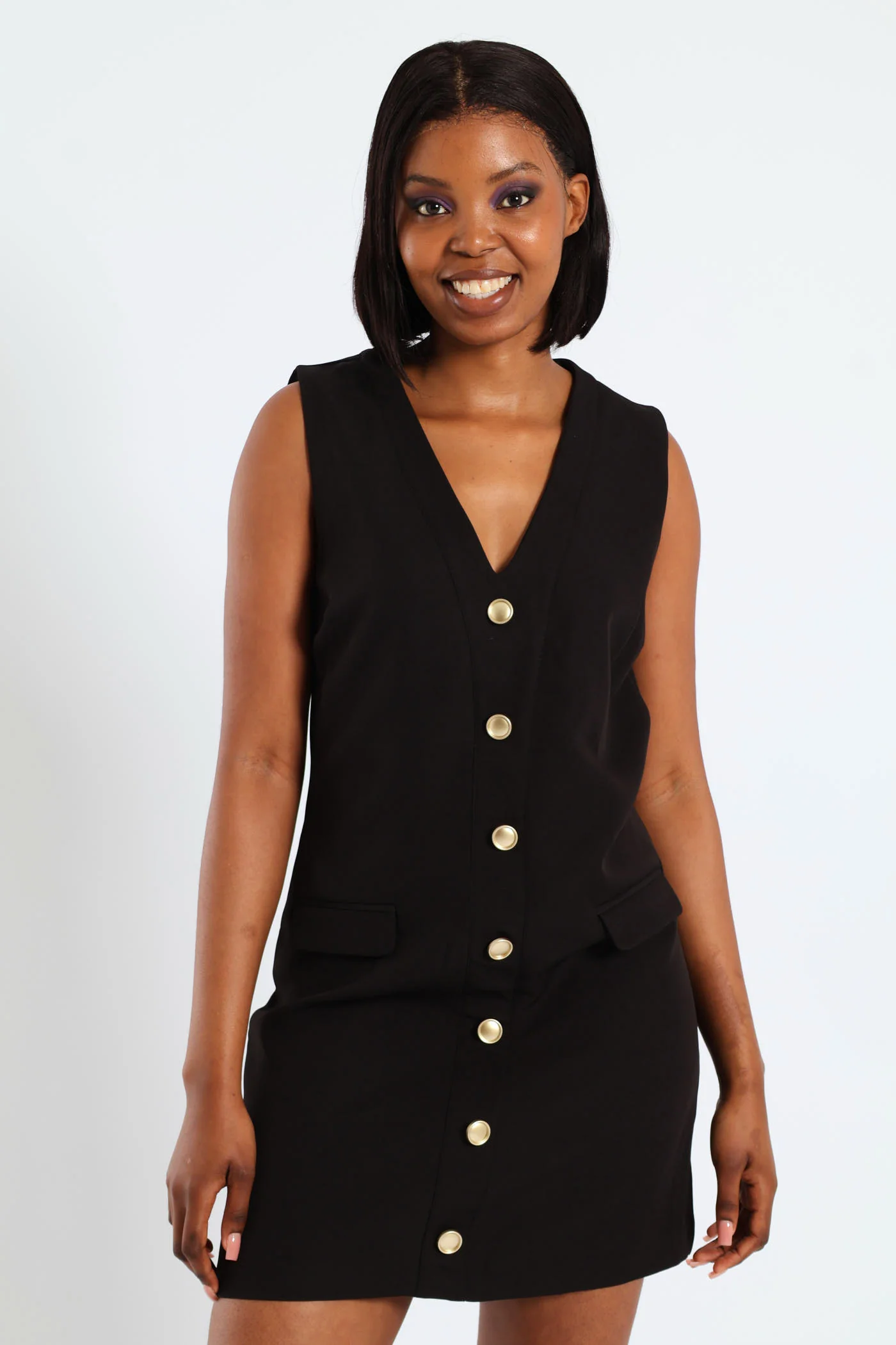 Gold Buttons Sleeveless Pinafore Dress - Black - Image 3