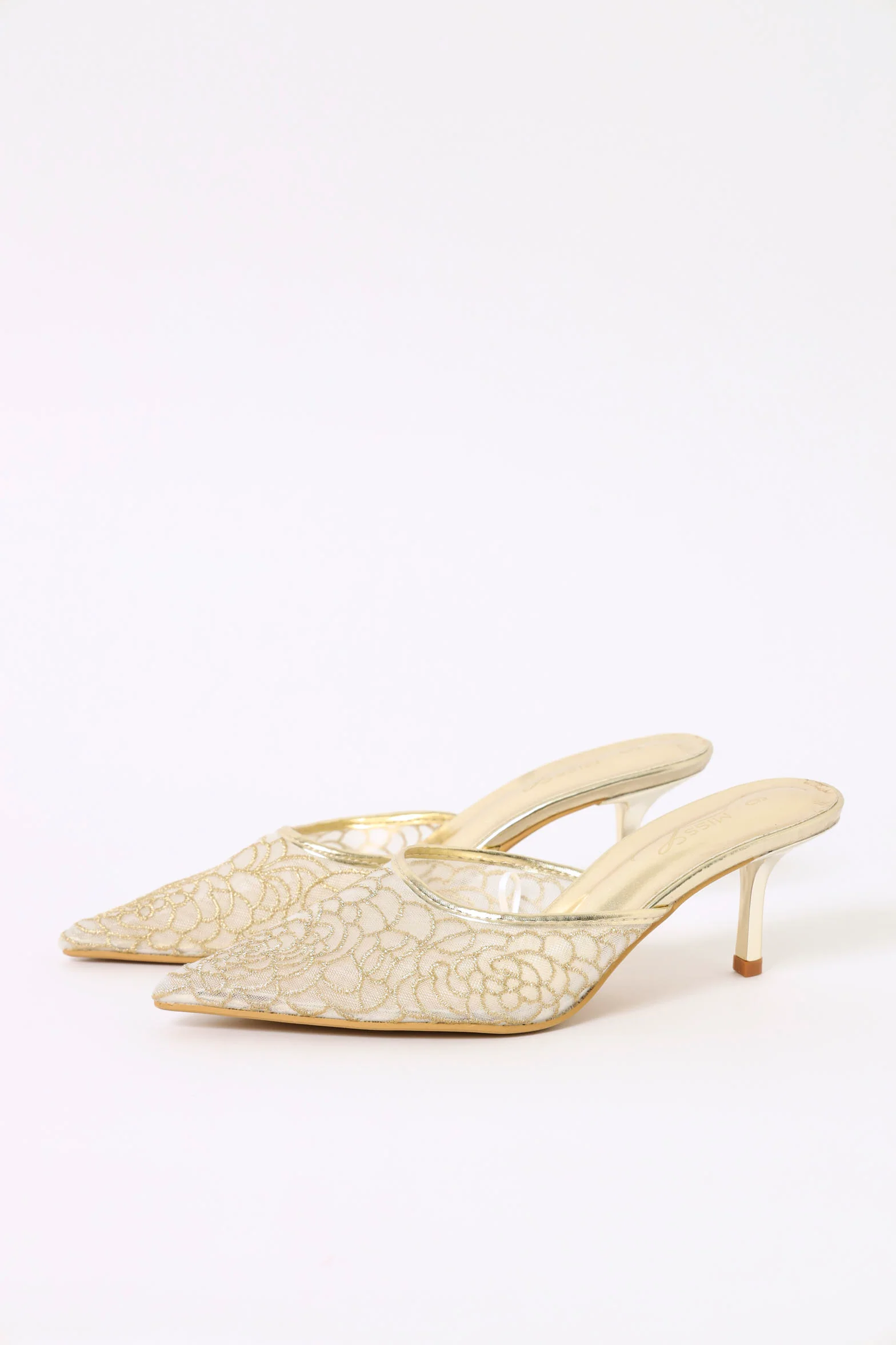 Gold Embroidered Mesh Slip On Heel - Gold